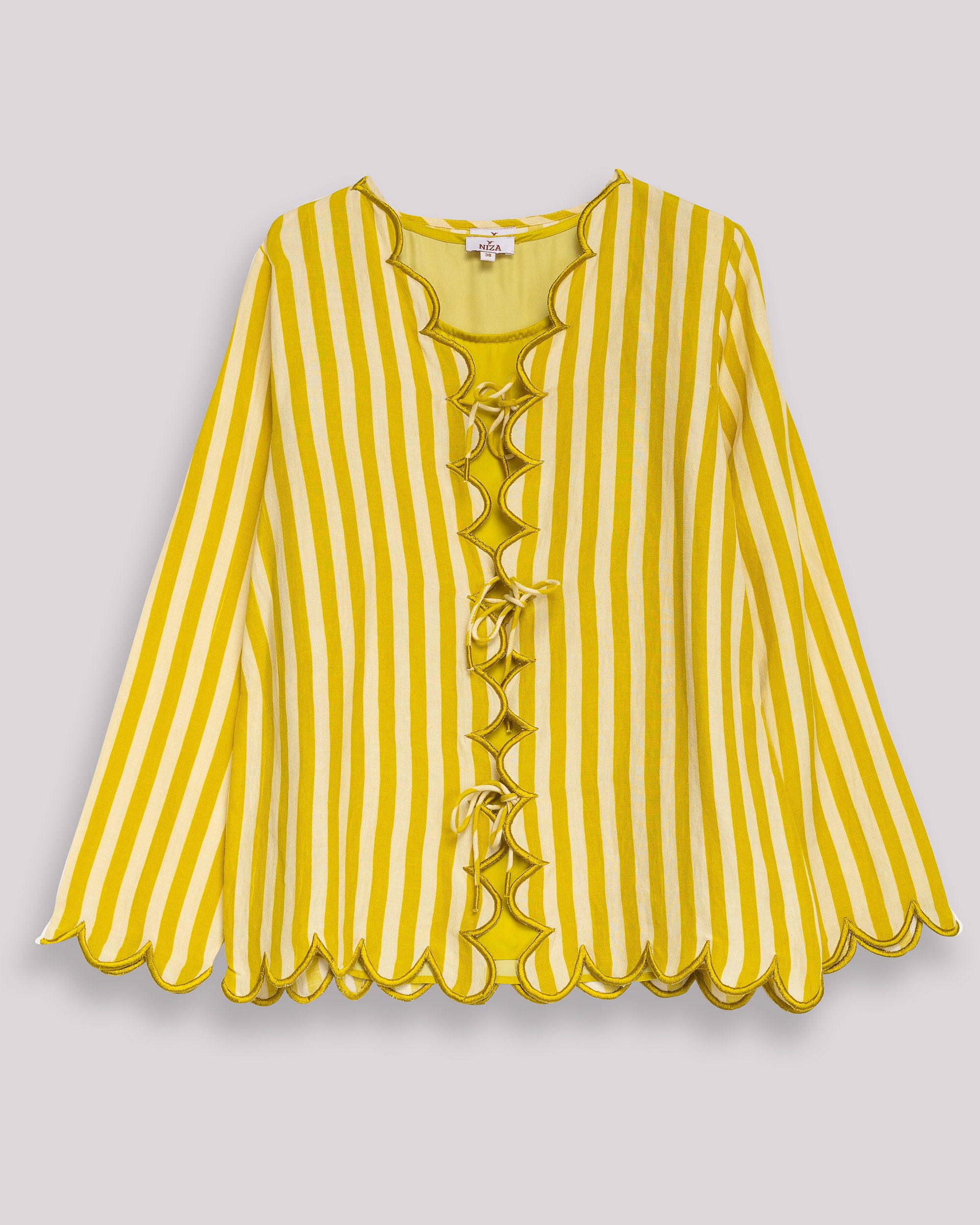Blusa Às Riscas com Decote Lace Up e Manga Comprida Amarelo-9