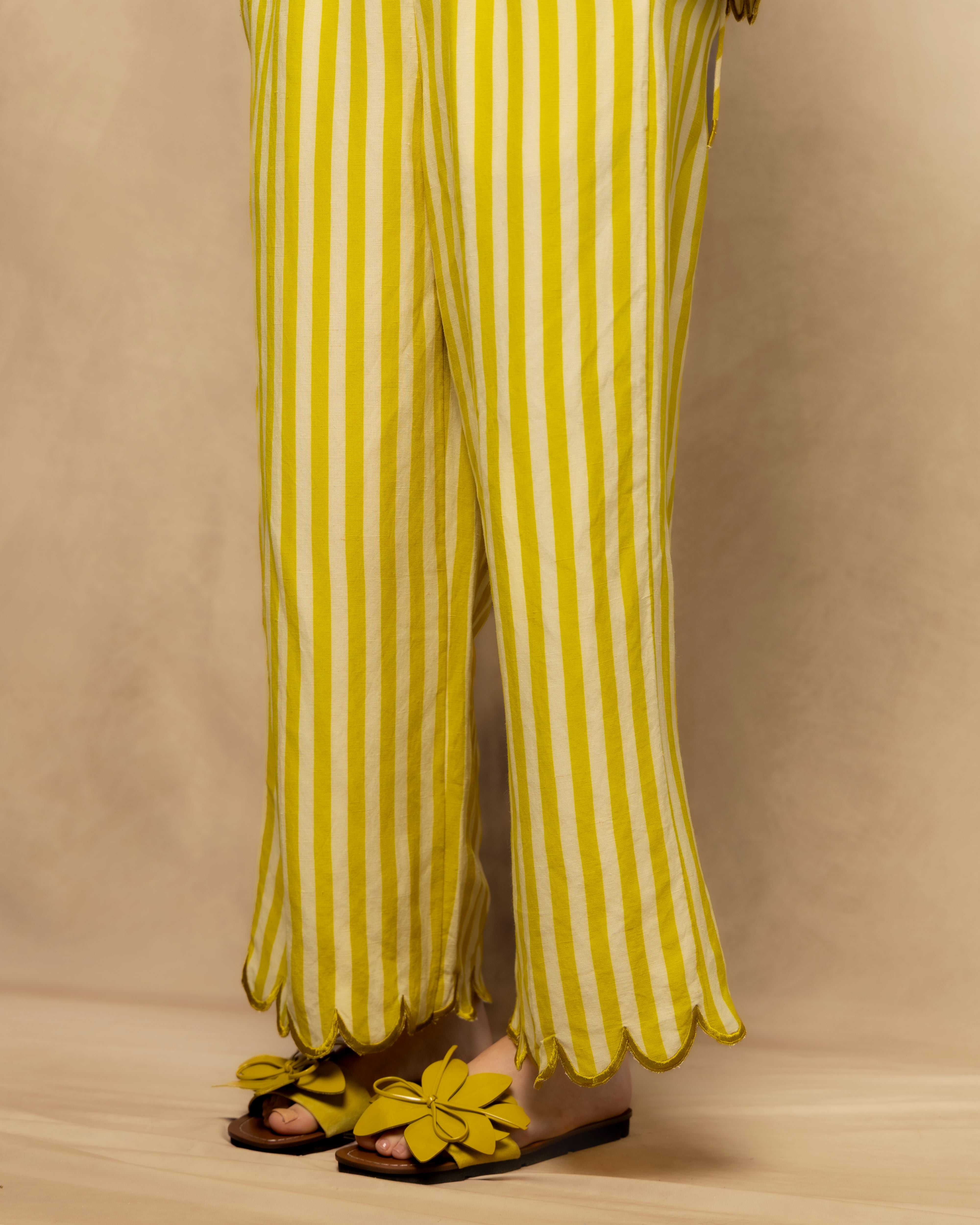 Calças Largas Fluidas Às Riscas com Cintura Elástica Amarelo-2