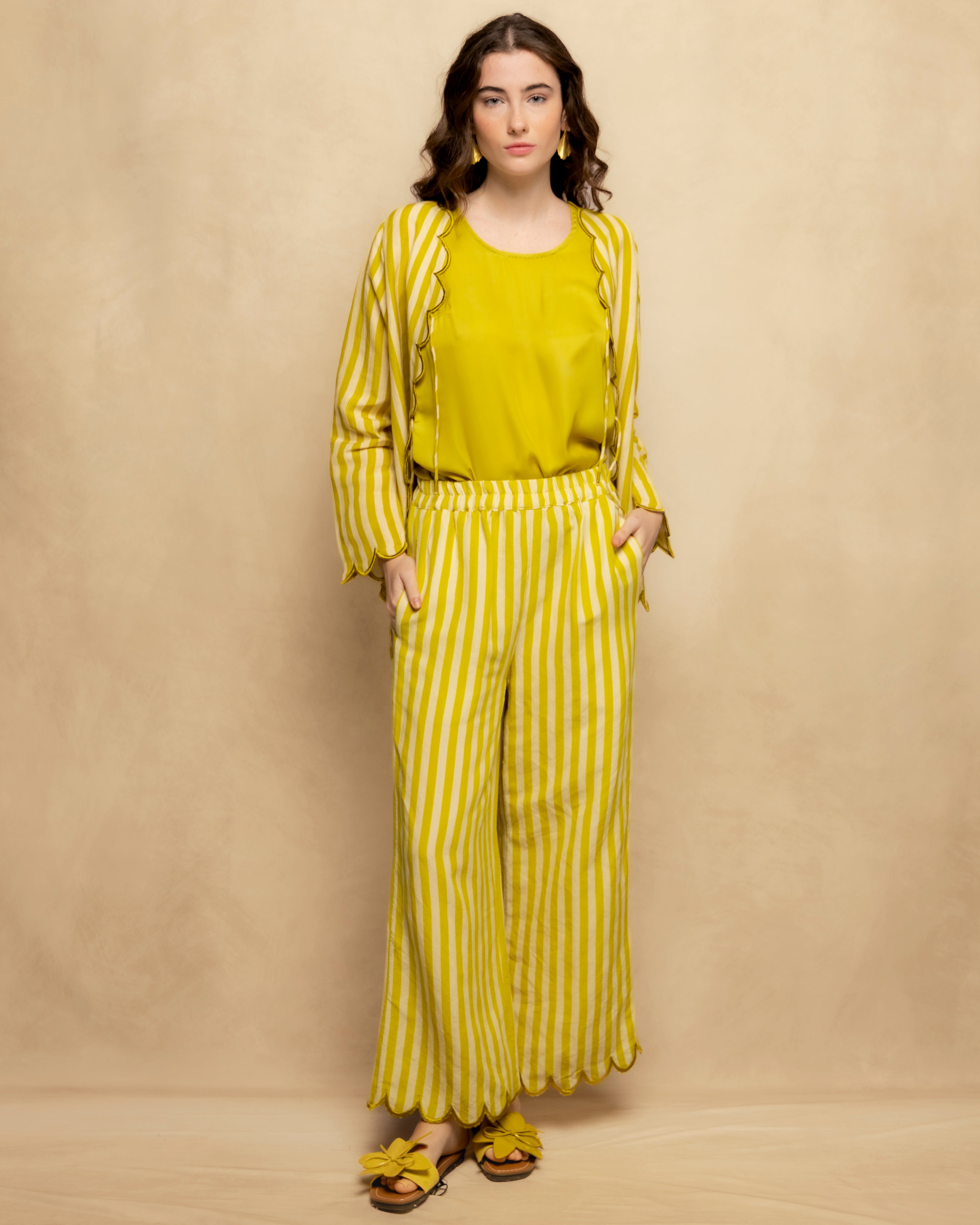 Calças Largas Fluidas Às Riscas com Cintura Elástica Amarelo-3