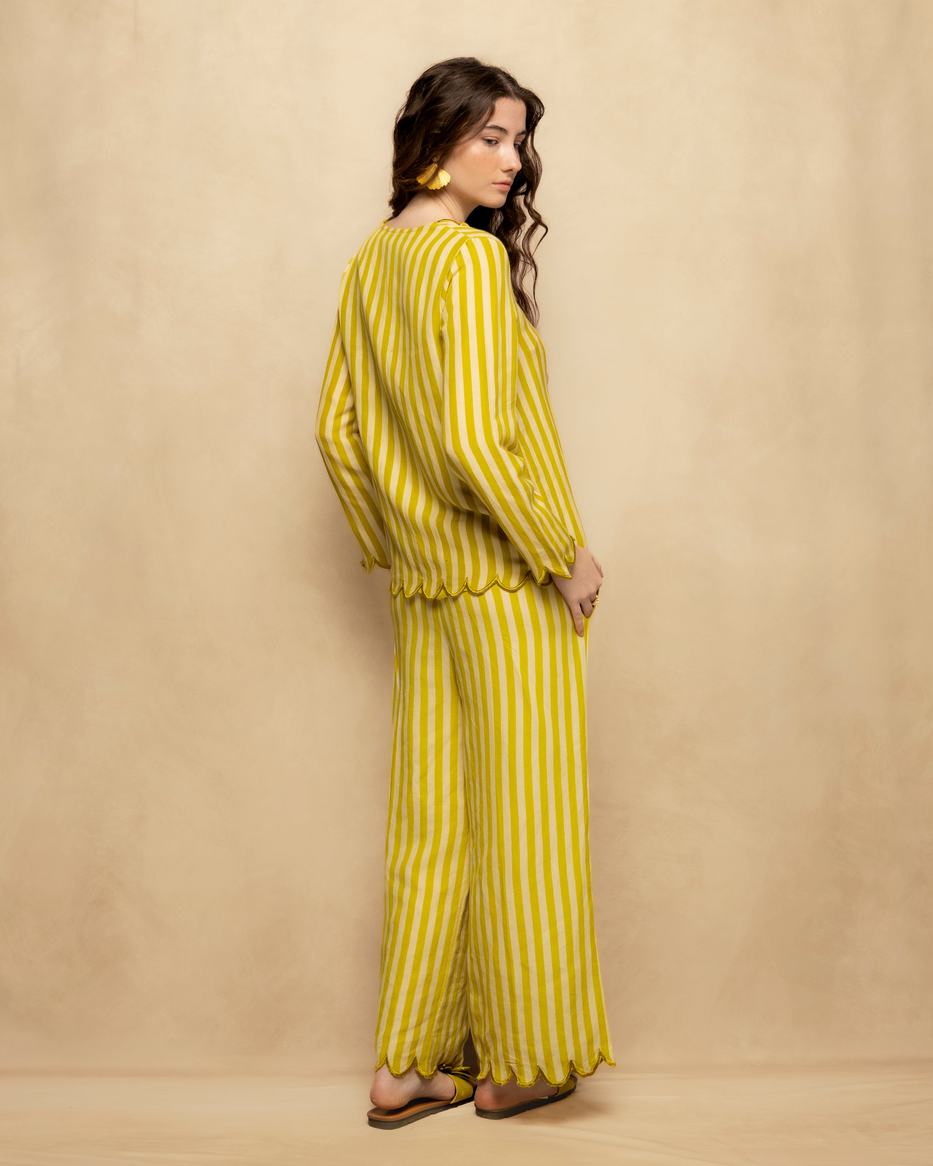 Calças Largas Fluidas Às Riscas com Cintura Elástica Amarelo-4