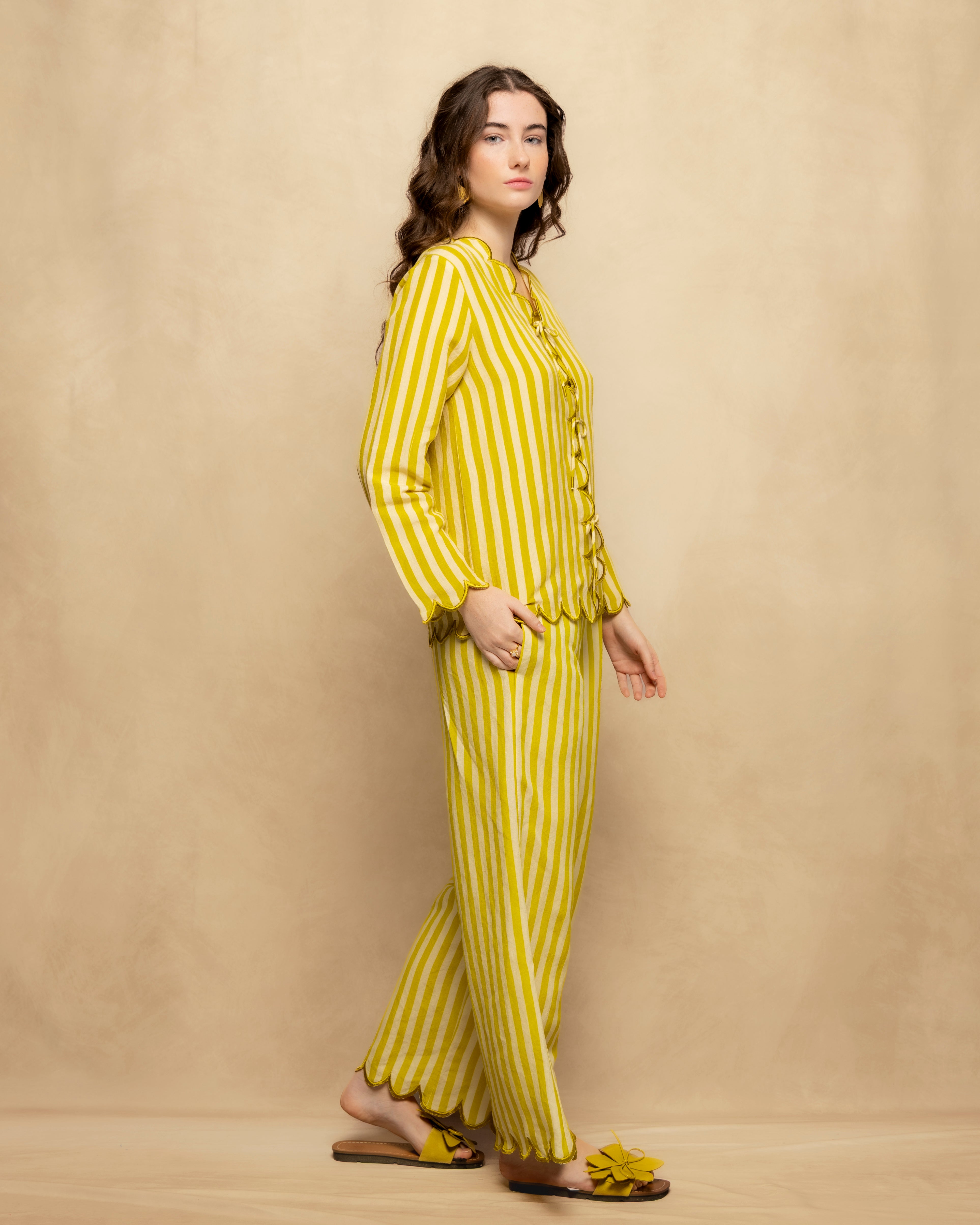 Calças Largas Fluidas Às Riscas com Cintura Elástica Amarelo-5