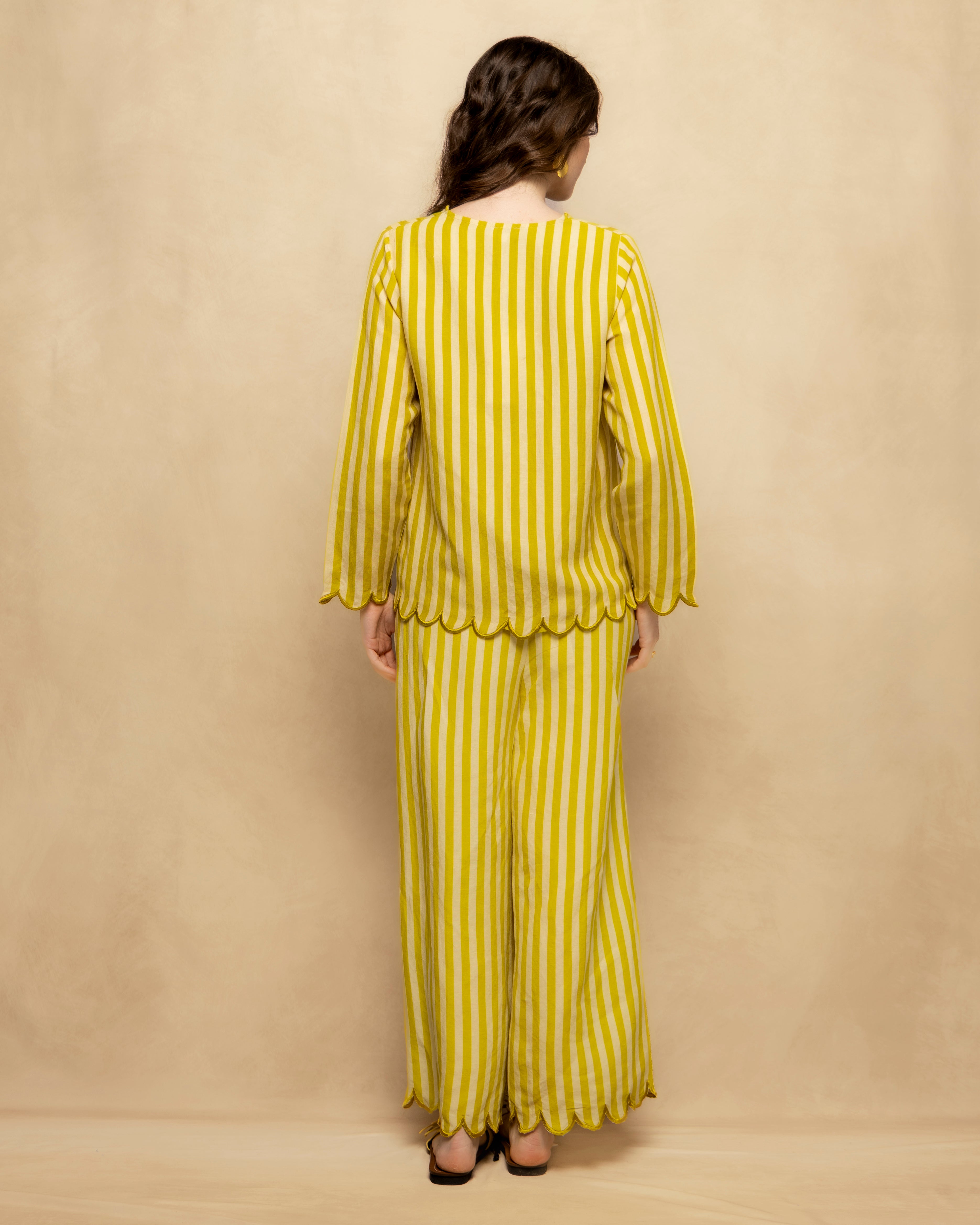 Calças Largas Fluidas Às Riscas com Cintura Elástica Amarelo-6