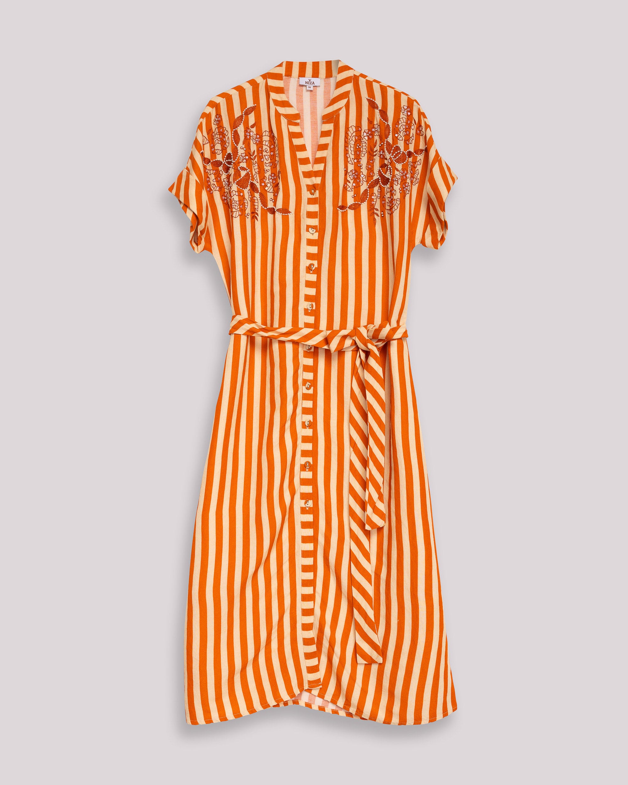 Vestido Midi Tipo Camisa Às Riscas com Bordado Frontal Laranja-5