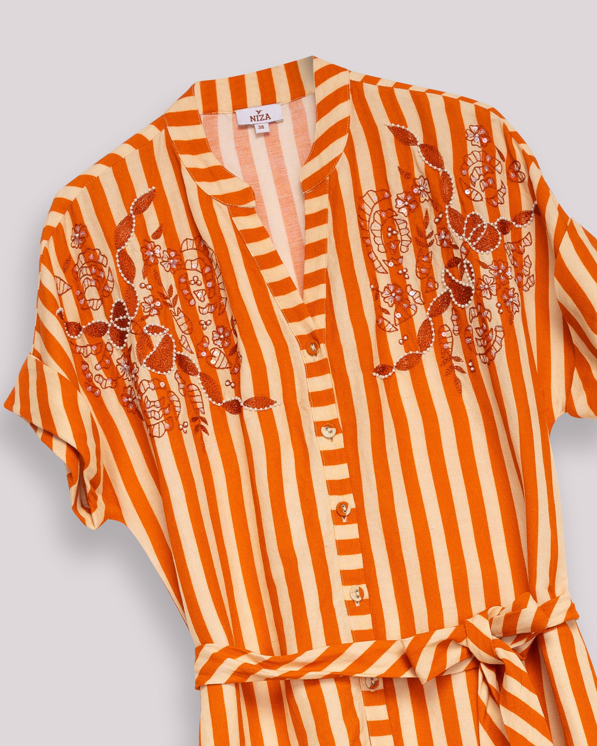 Vestido Midi Tipo Camisa Às Riscas com Bordado Frontal Laranja-6