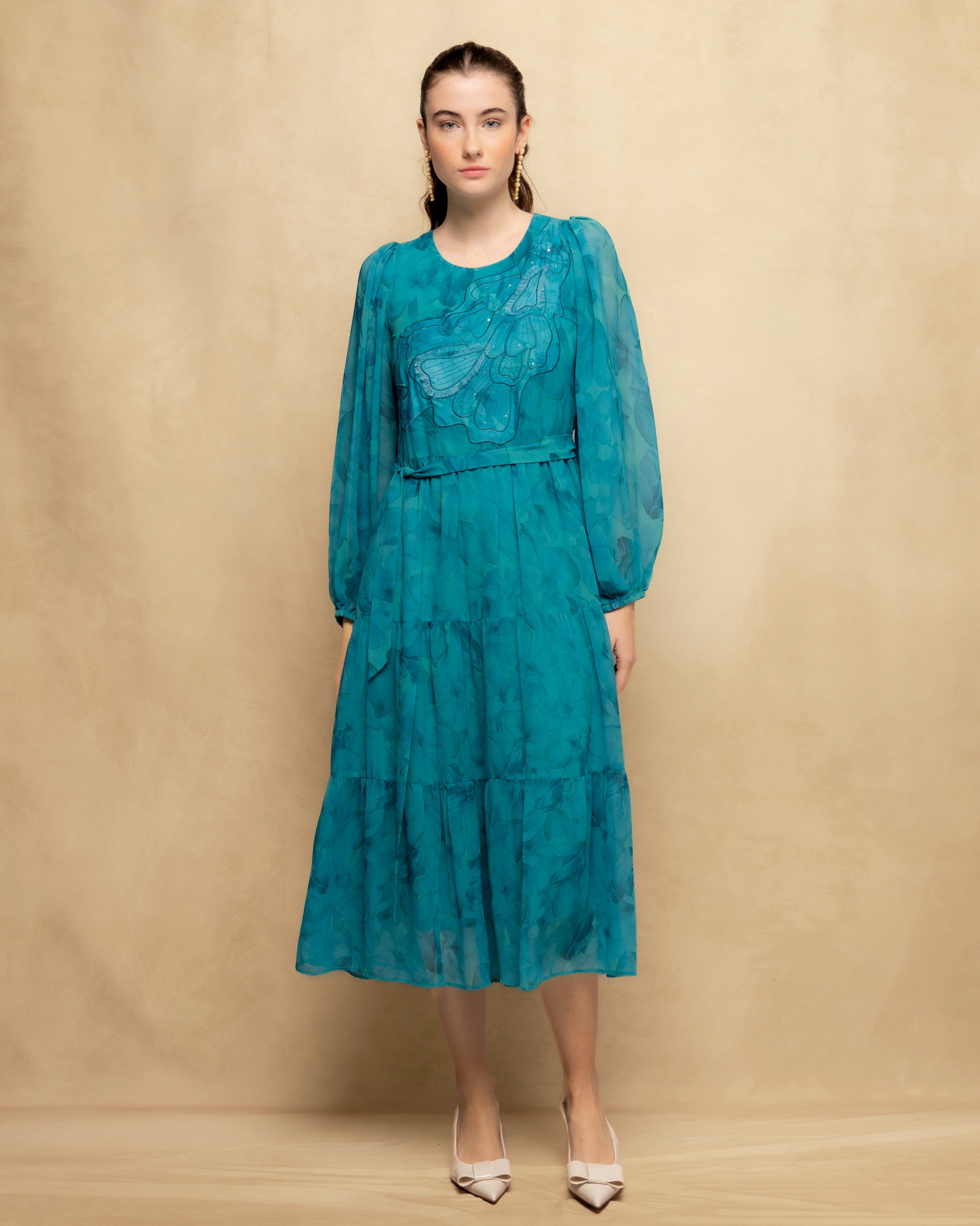 Vestido Midi Vaporoso com Bordado Frontal Turquesa-4