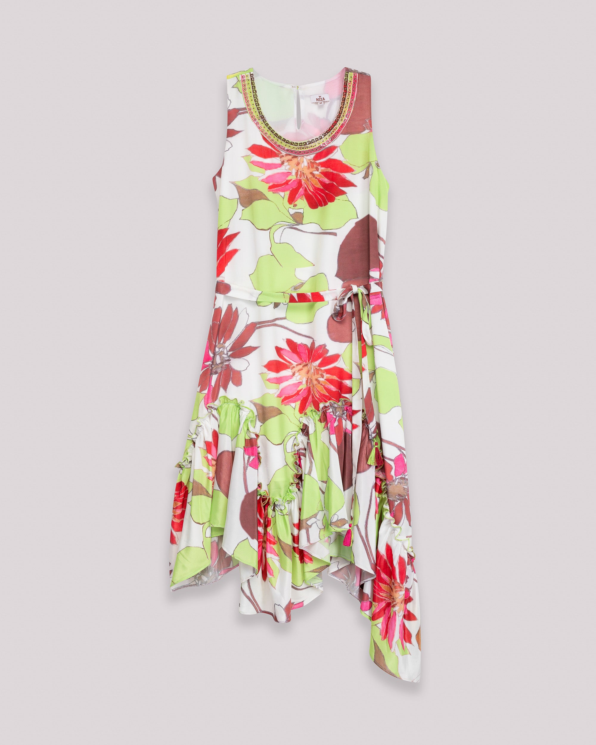 Vestido Midi Estampado sem Mangas com Cinto e Bainha Assimétrica Multicolor-8