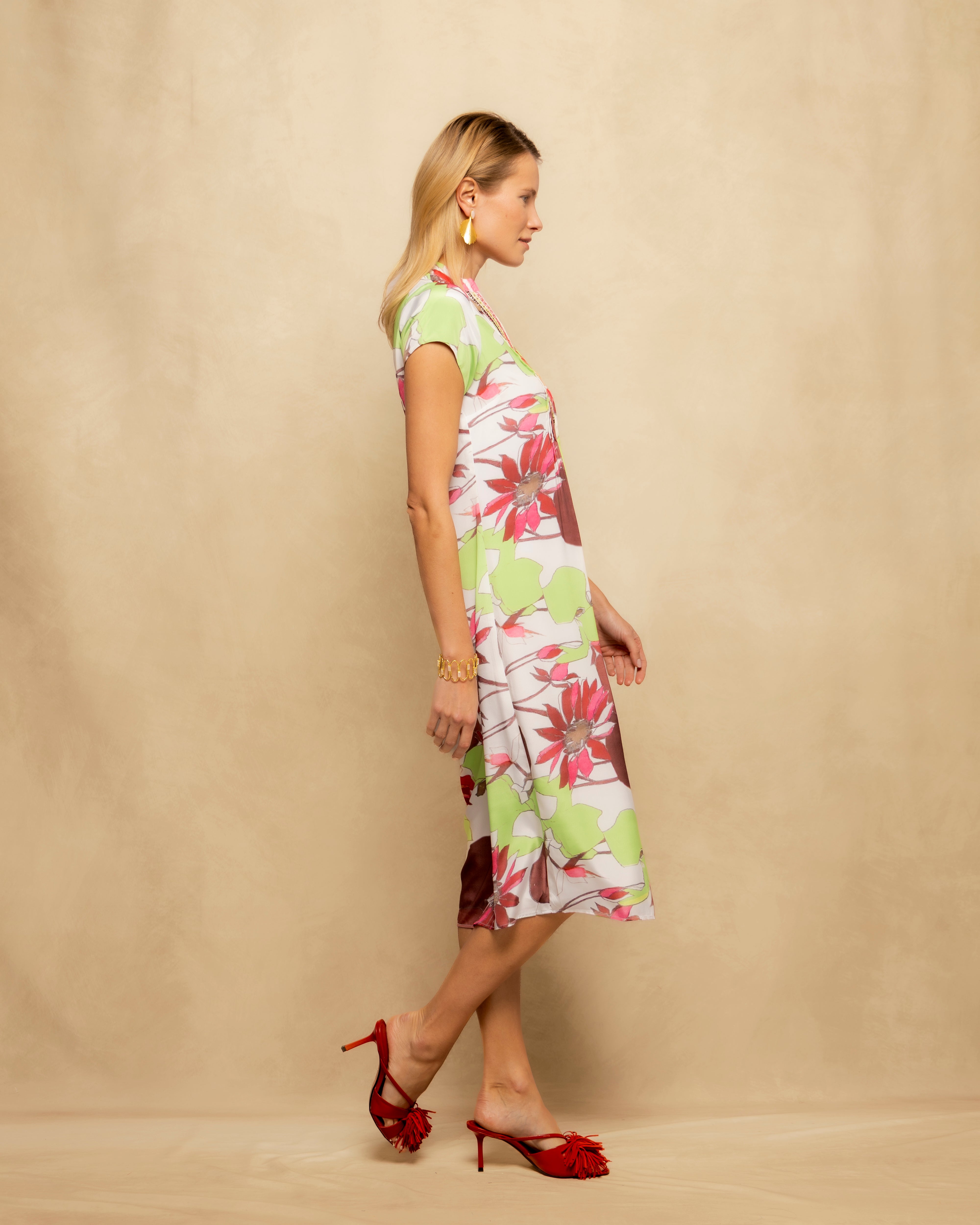 Vestido Midi Estampado com Decote em V e Manga Curta Branco-2