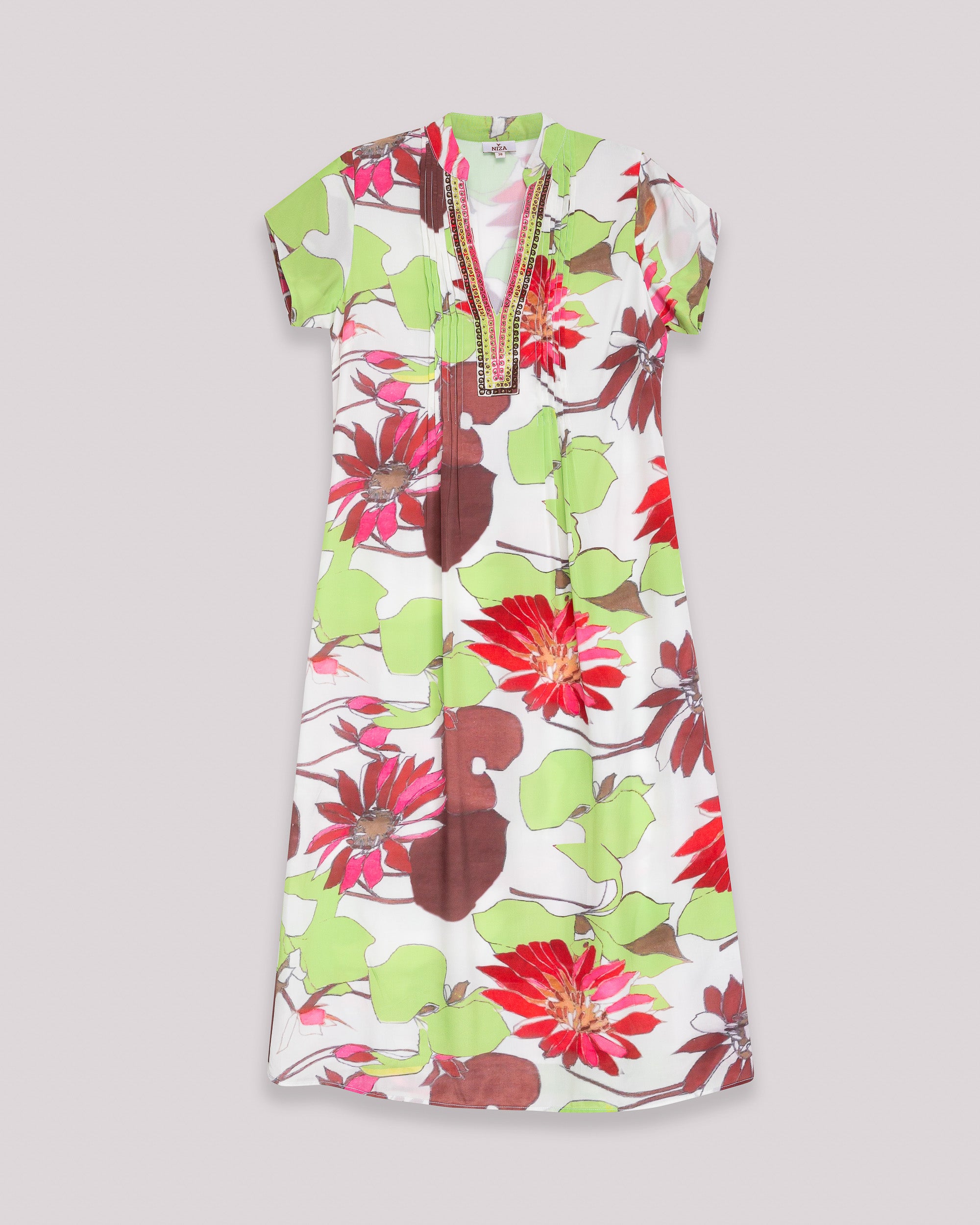 Vestido Midi Estampado com Decote em V e Manga Curta Branco-5