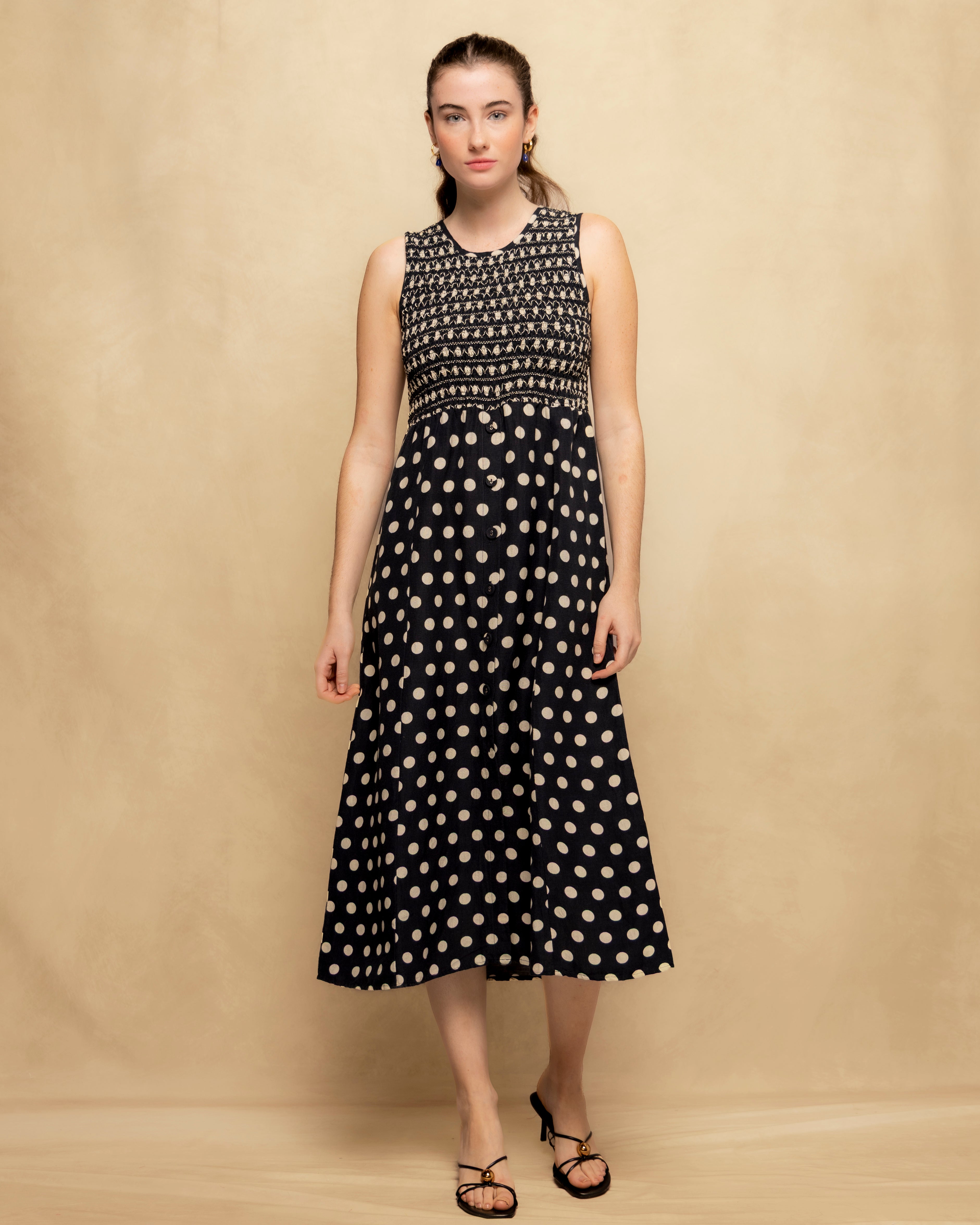 Vestido Midi sem Mangas com Corpo Franzido e Saia Estampada Preto-1