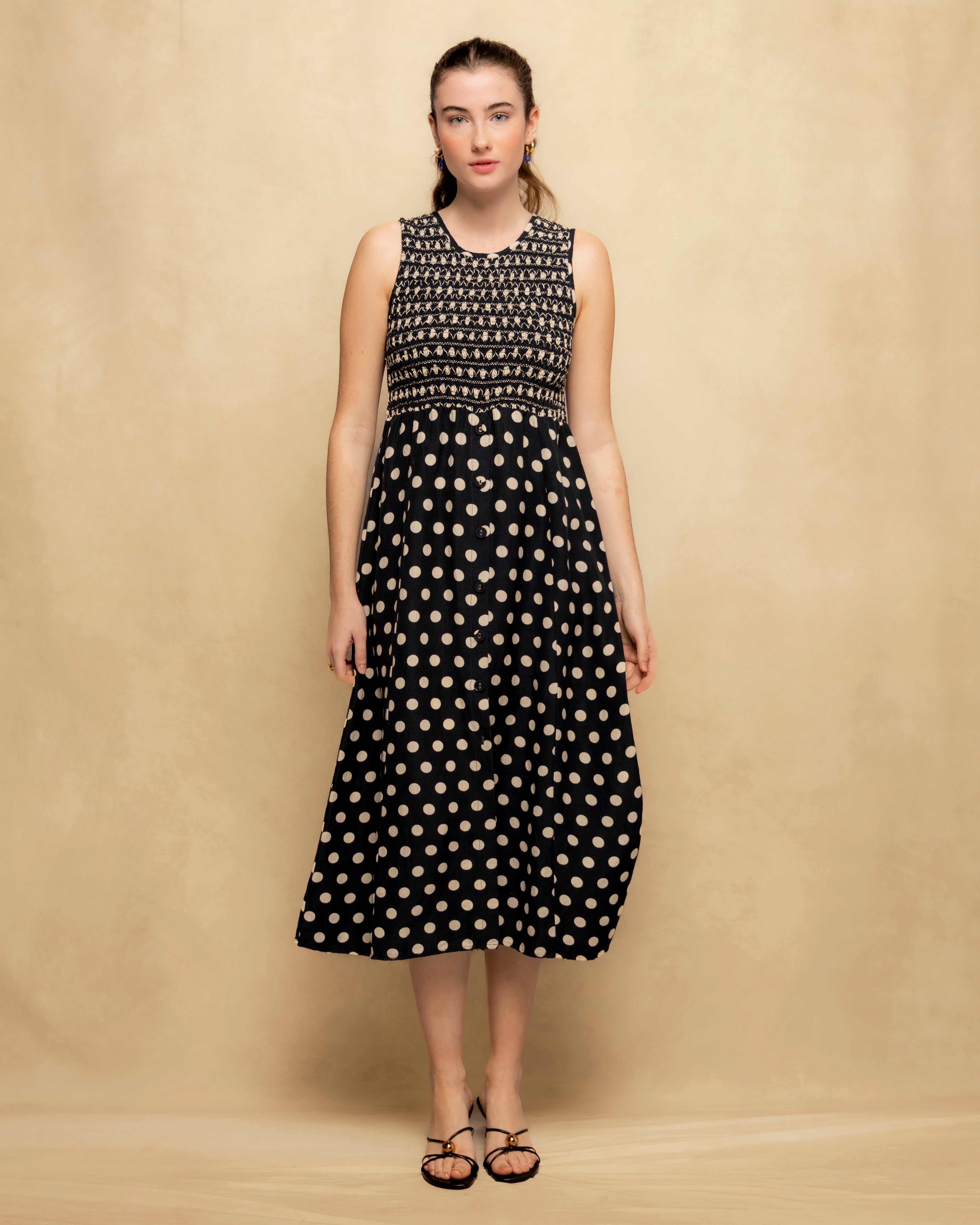 Vestido Midi sem Mangas com Corpo Franzido e Saia Estampada Preto-3