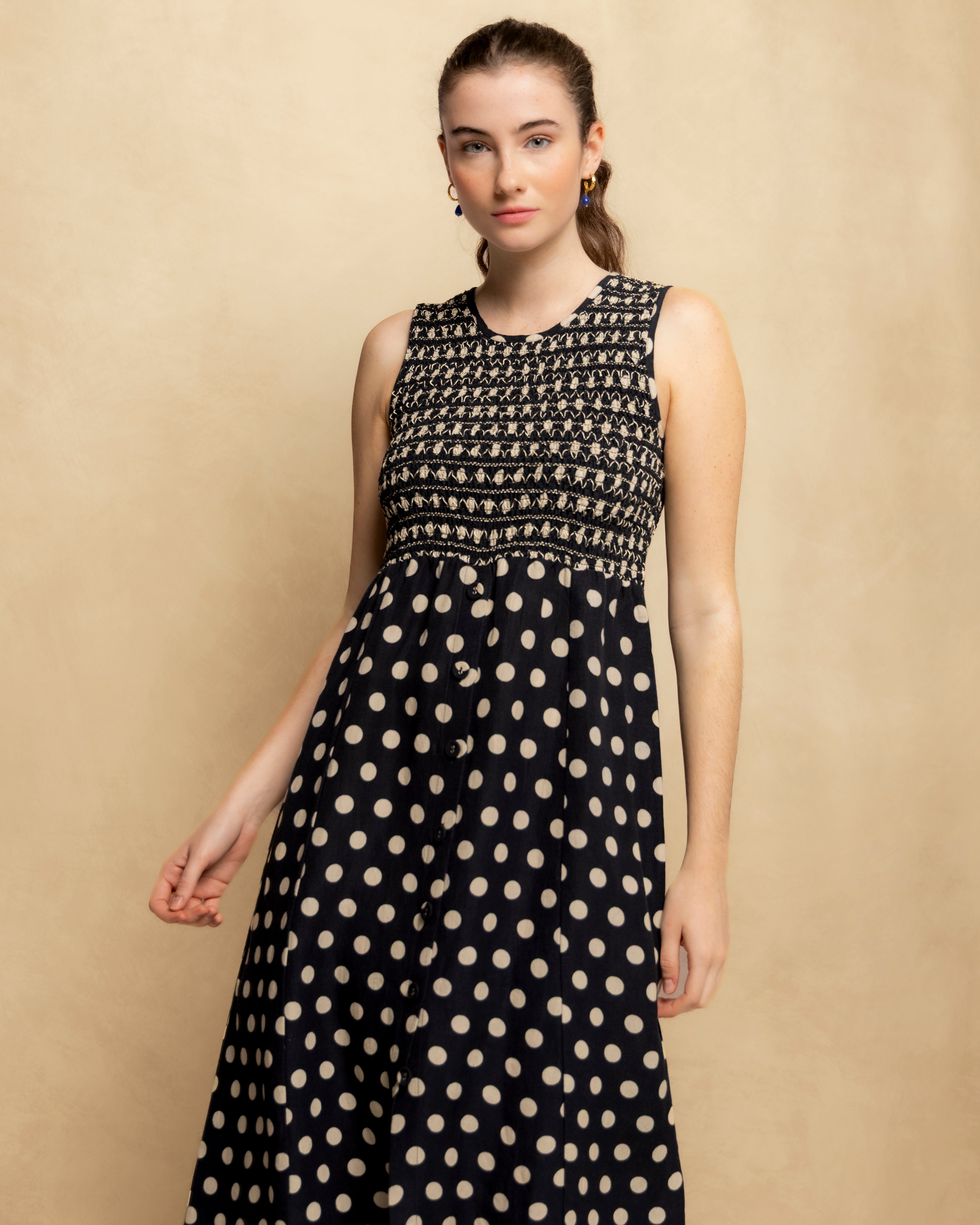 Vestido Midi sem Mangas com Corpo Franzido e Saia Estampada Preto-6