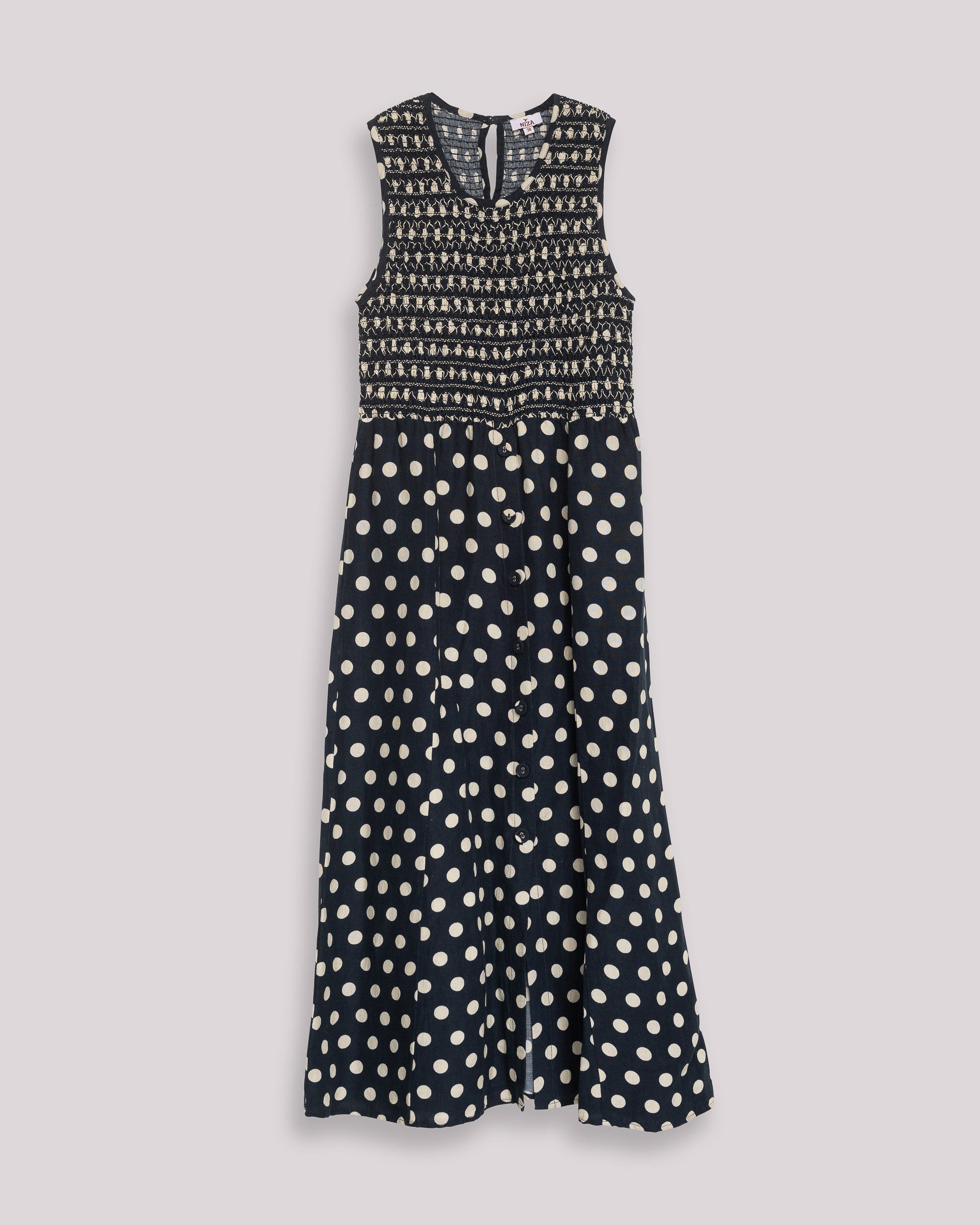 Vestido Midi sem Mangas com Corpo Franzido e Saia Estampada Preto-7