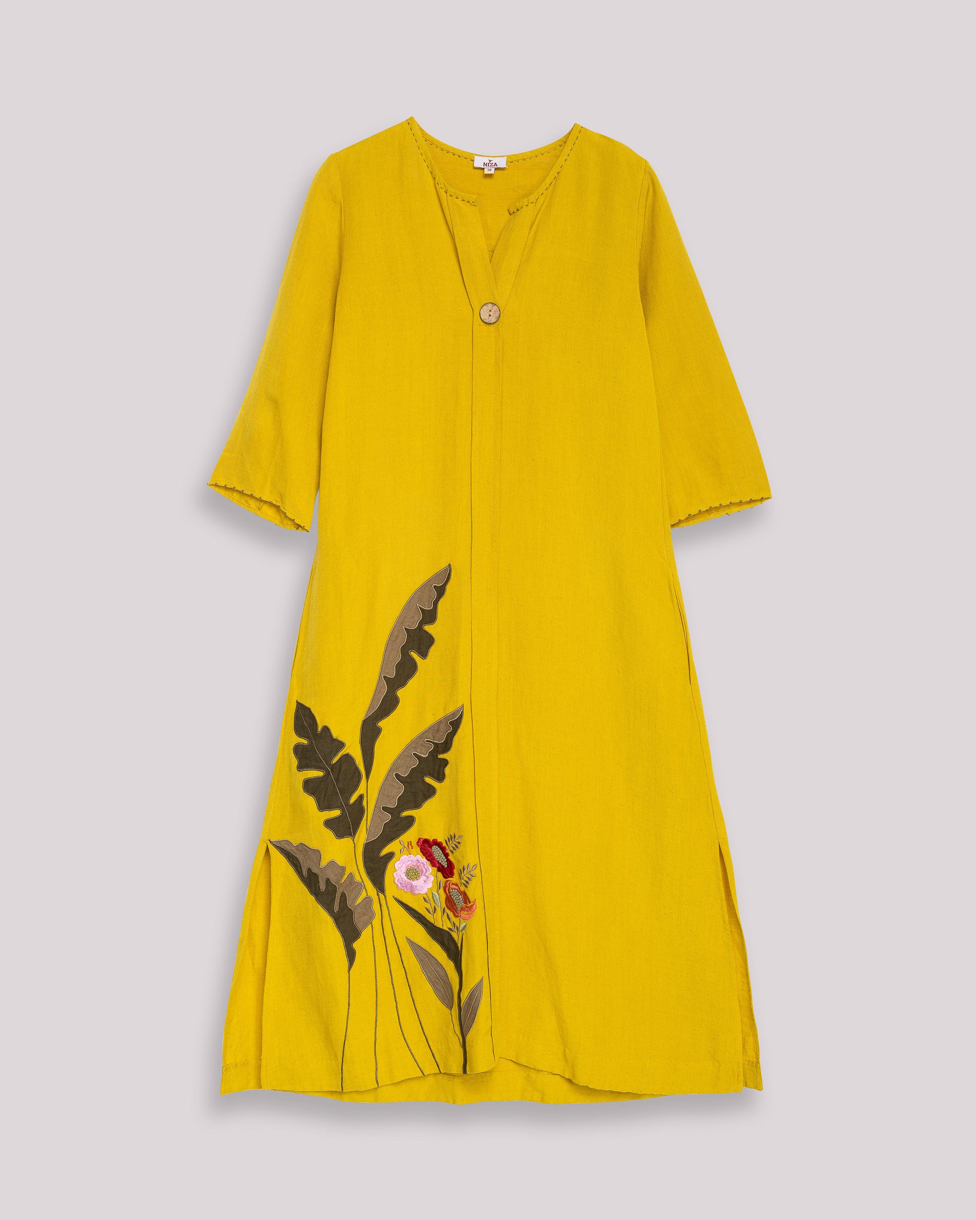 Vestido Midi com Decote em V e Bordado Vegetal Amarelo-8