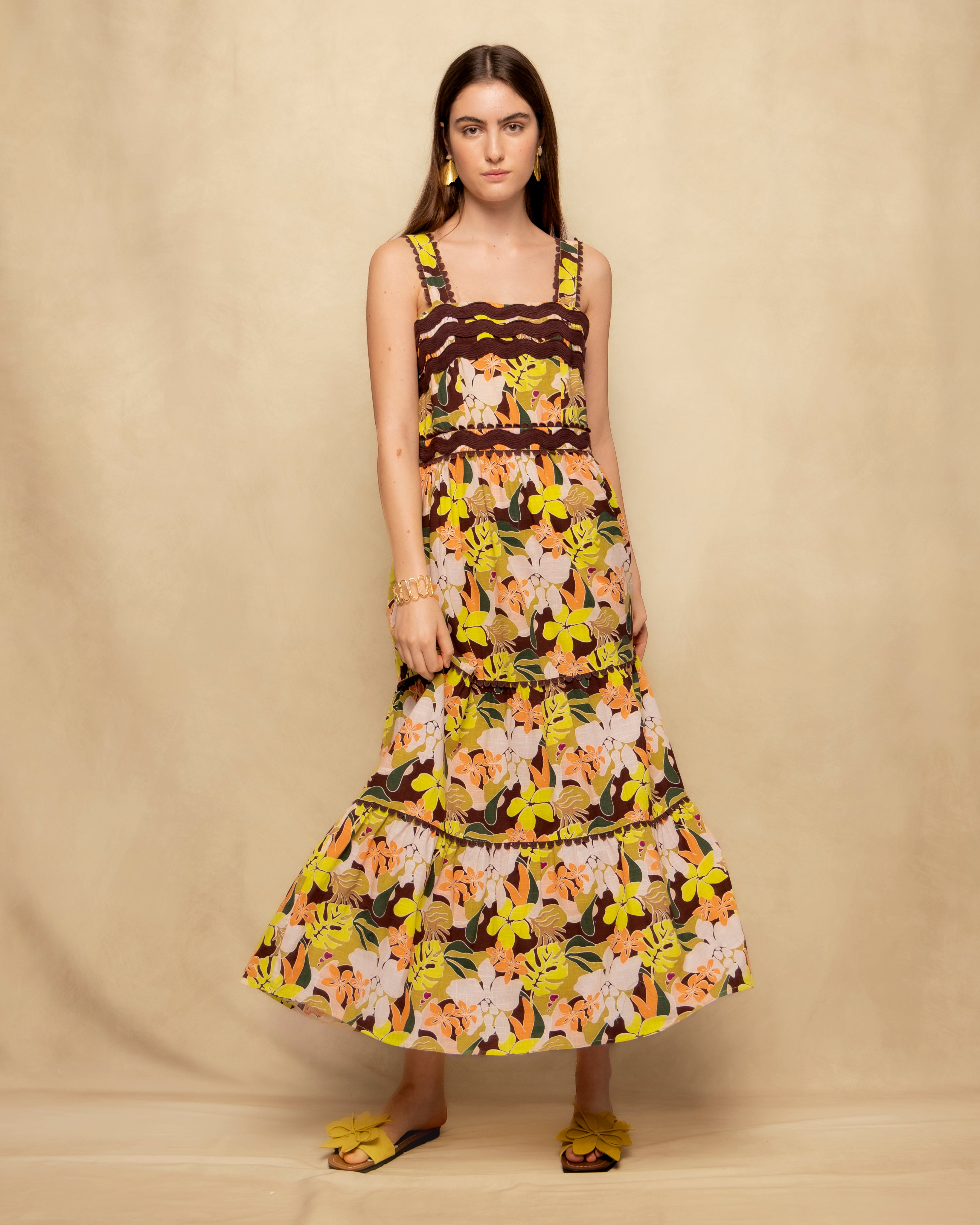 Imagem 0 de Vestido Comprido Estampado com Alças e Corpo Franzido