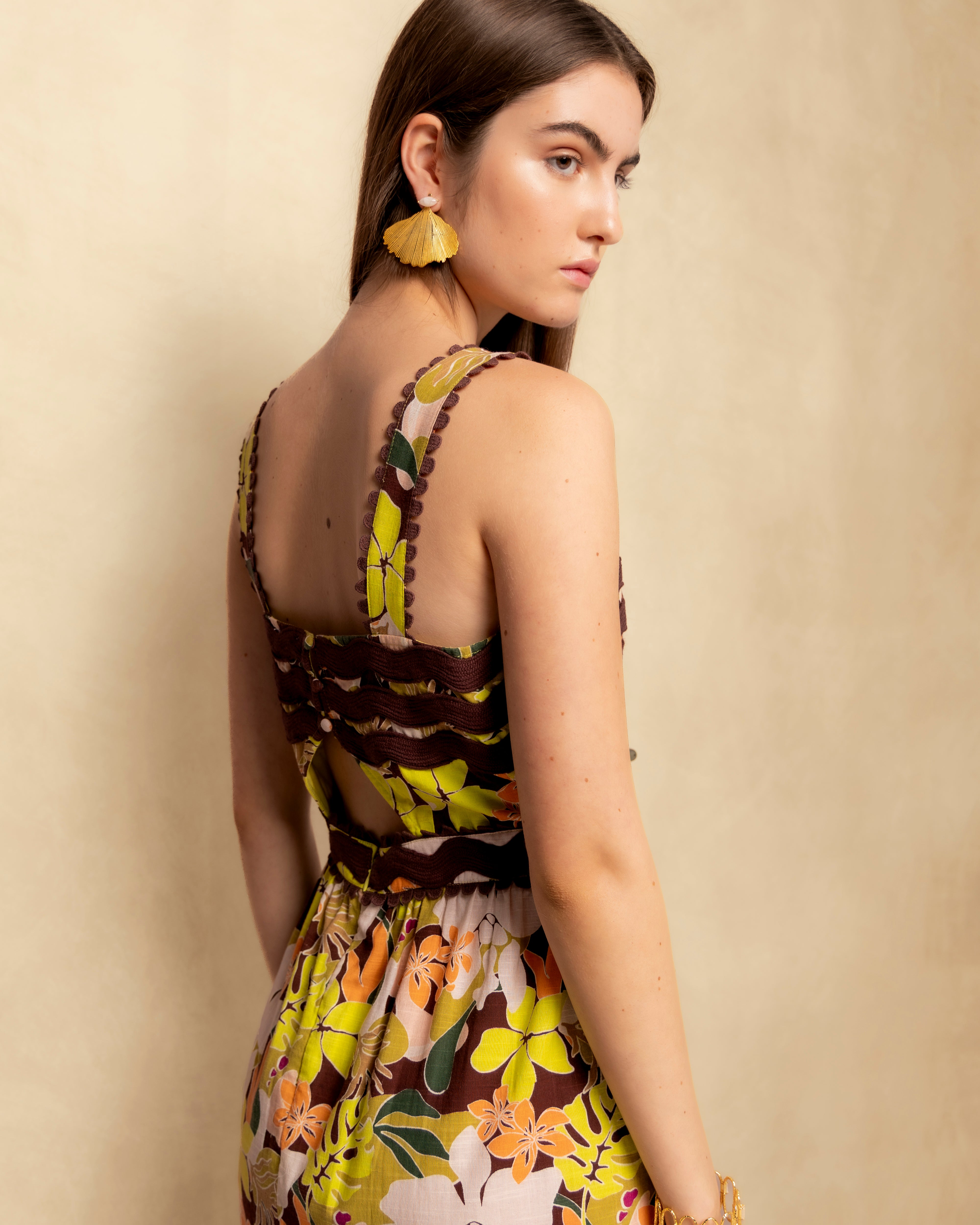 Vestido Comprido Estampado com Alças e Corpo Franzido Multicolor-2