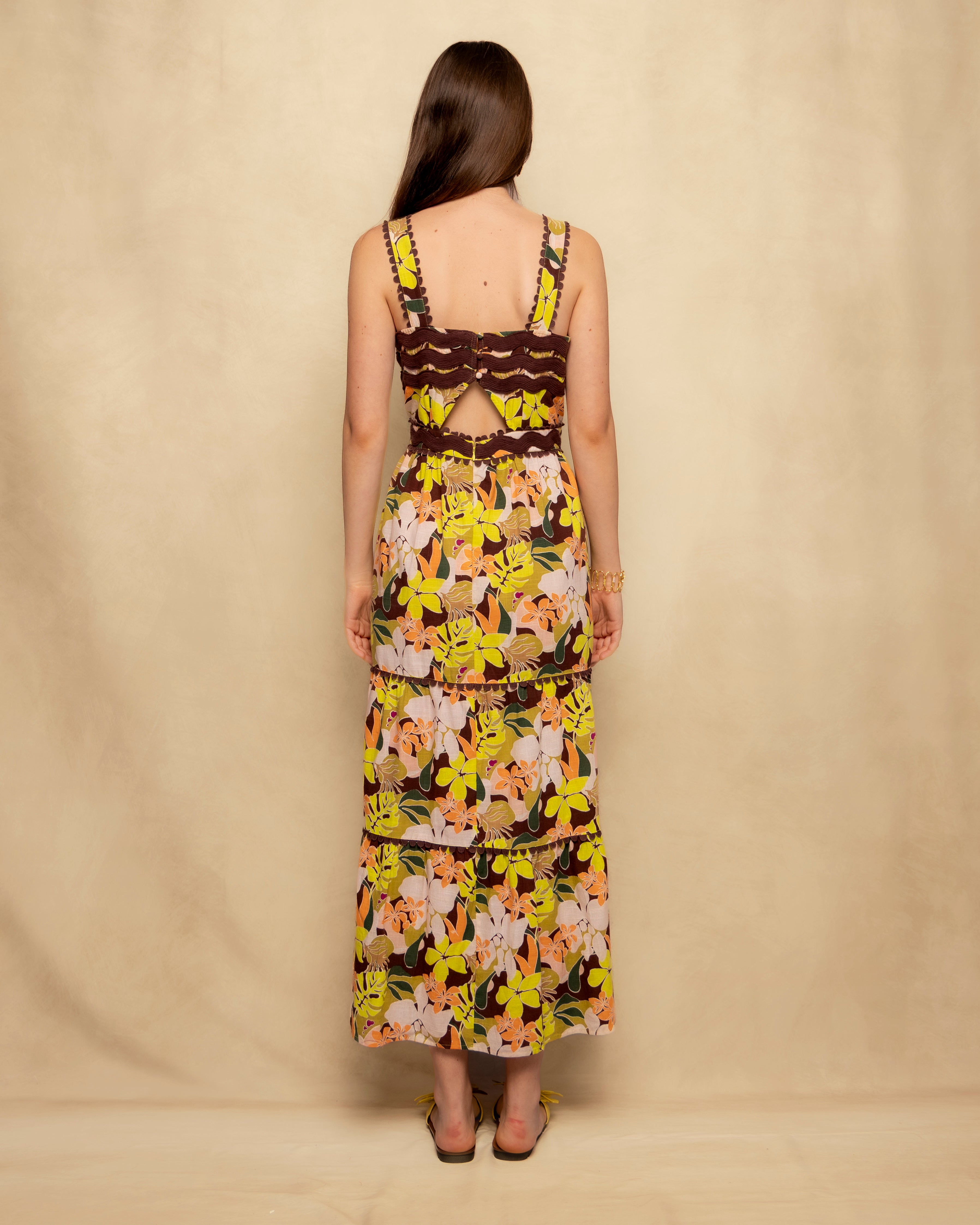 Vestido Comprido Estampado com Alças e Corpo Franzido Multicolor-3