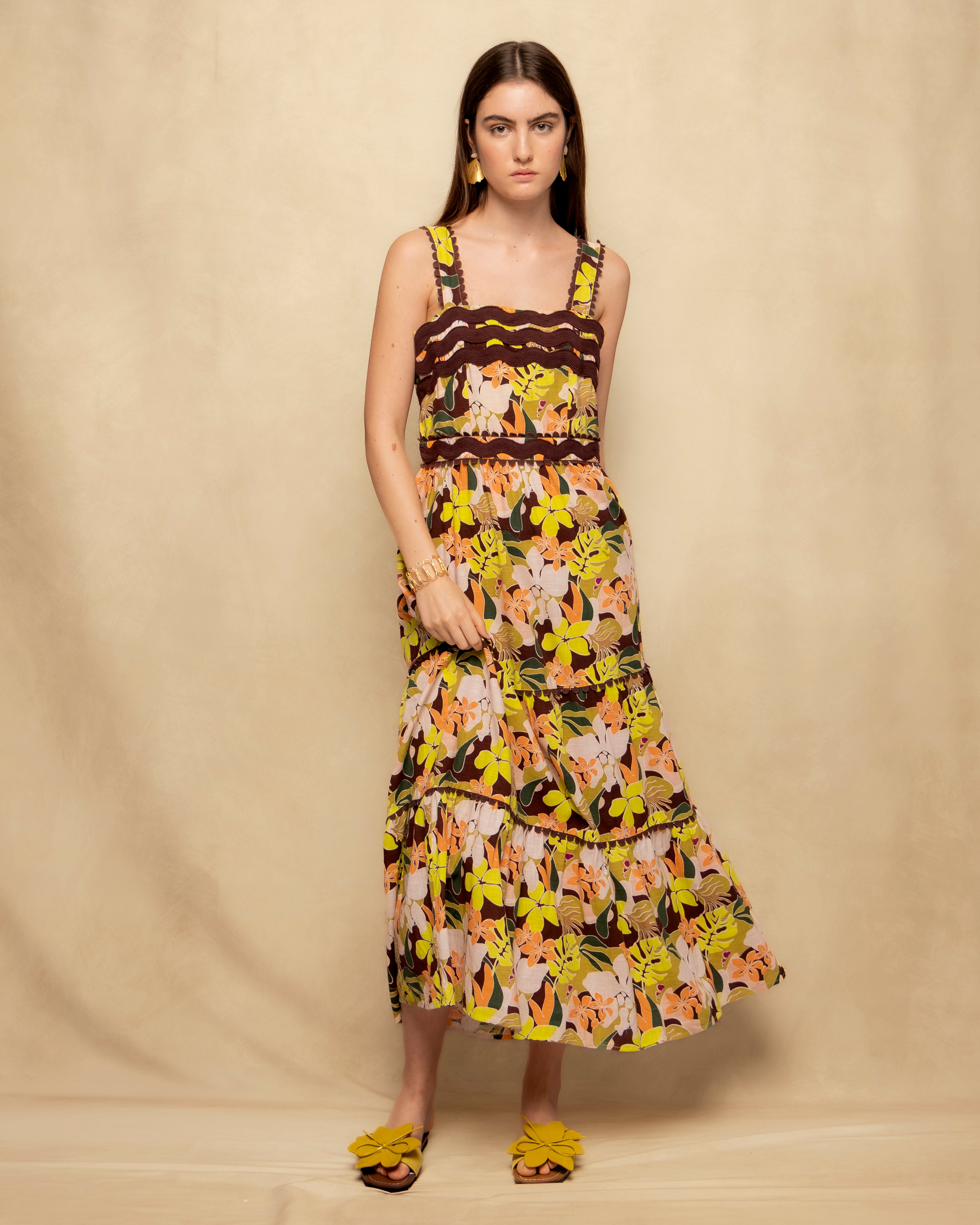 Vestido Comprido Estampado com Alças e Corpo Franzido Multicolor-4