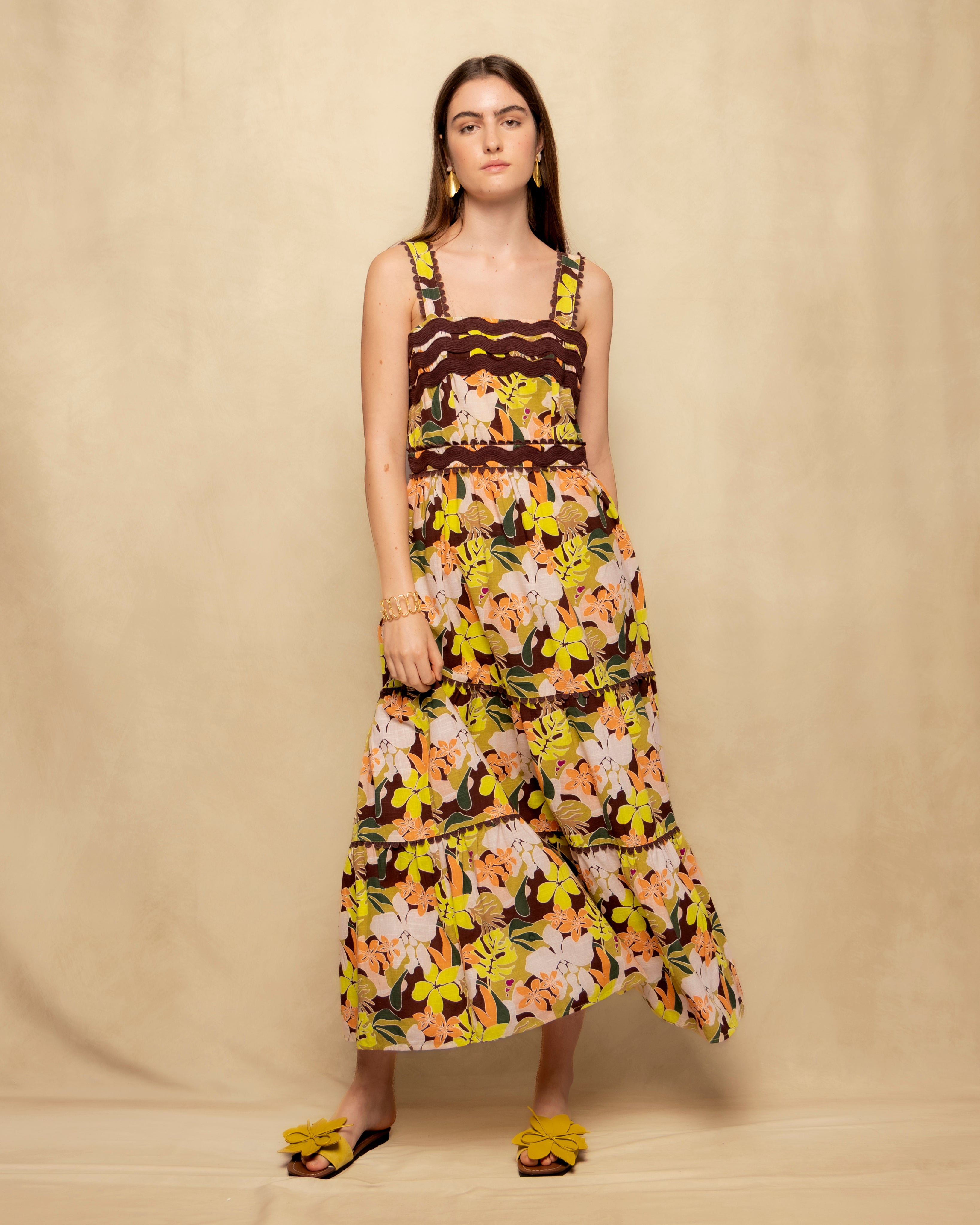 Vestido Comprido Estampado com Alças e Corpo Franzido Multicolor-5