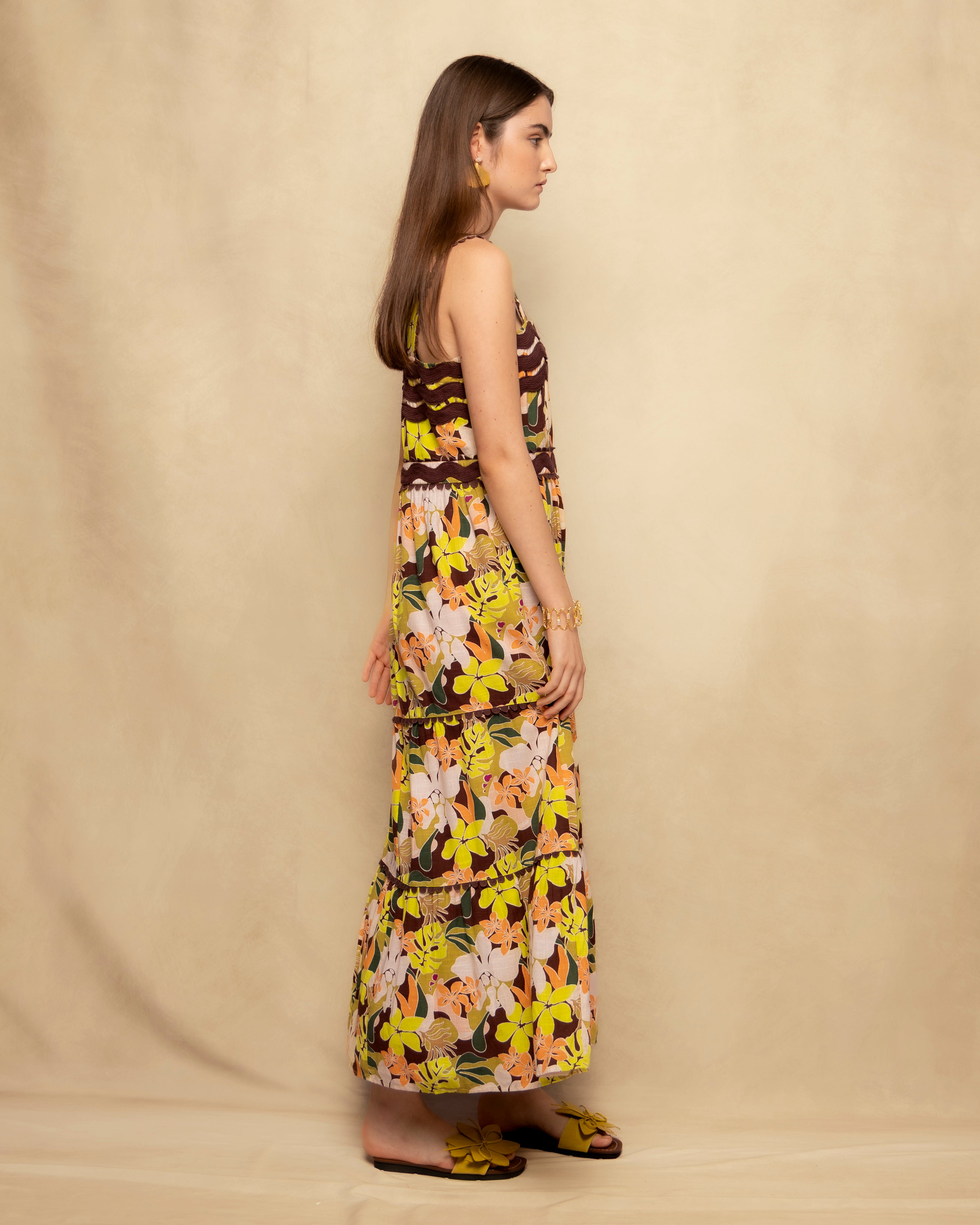 Vestido Comprido Estampado com Alças e Corpo Franzido Multicolor-6