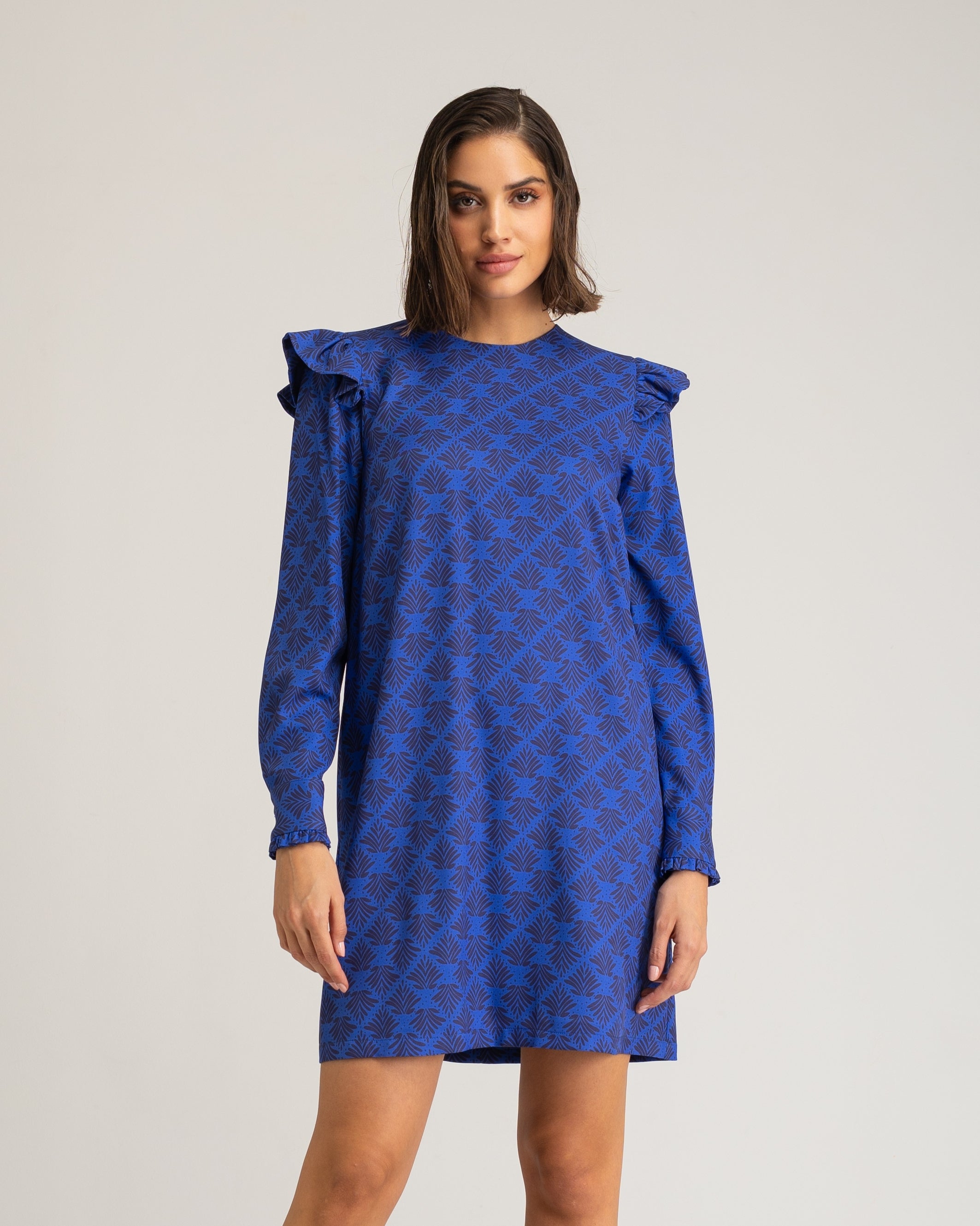 Vestido Curto com Folhos e Manga Comprida Azul-2