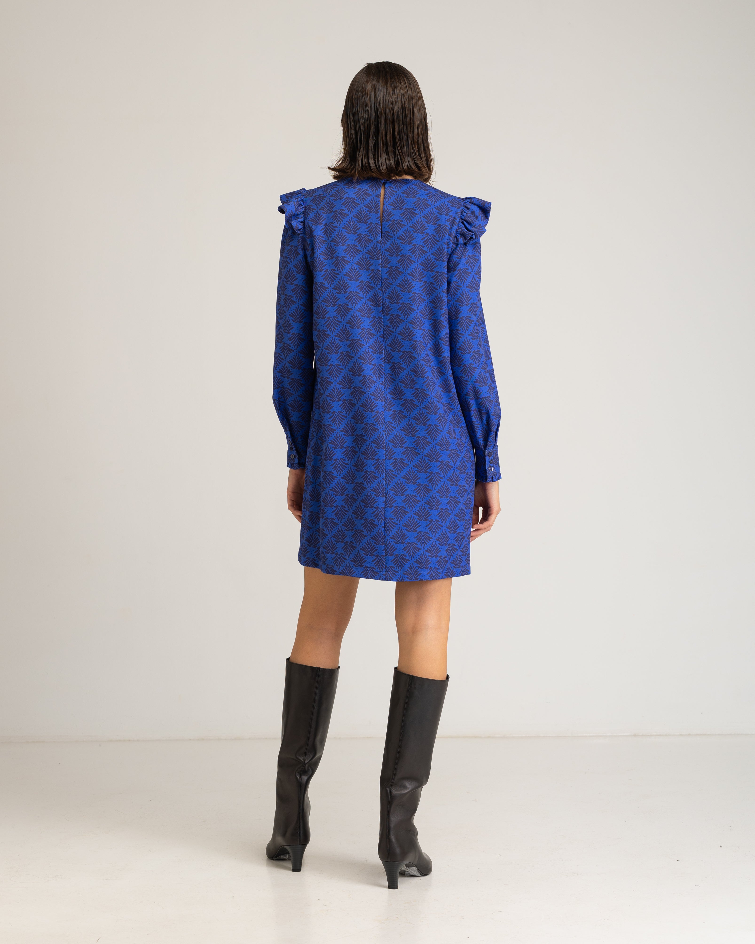 Vestido Curto com Folhos e Manga Comprida Azul-5