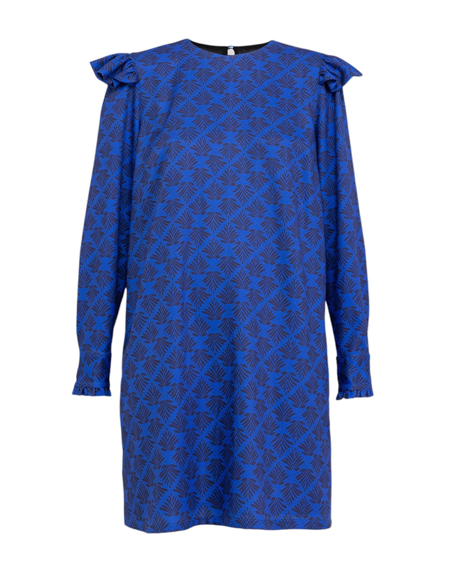 Vestido Curto com Folhos e Manga Comprida Azul-7