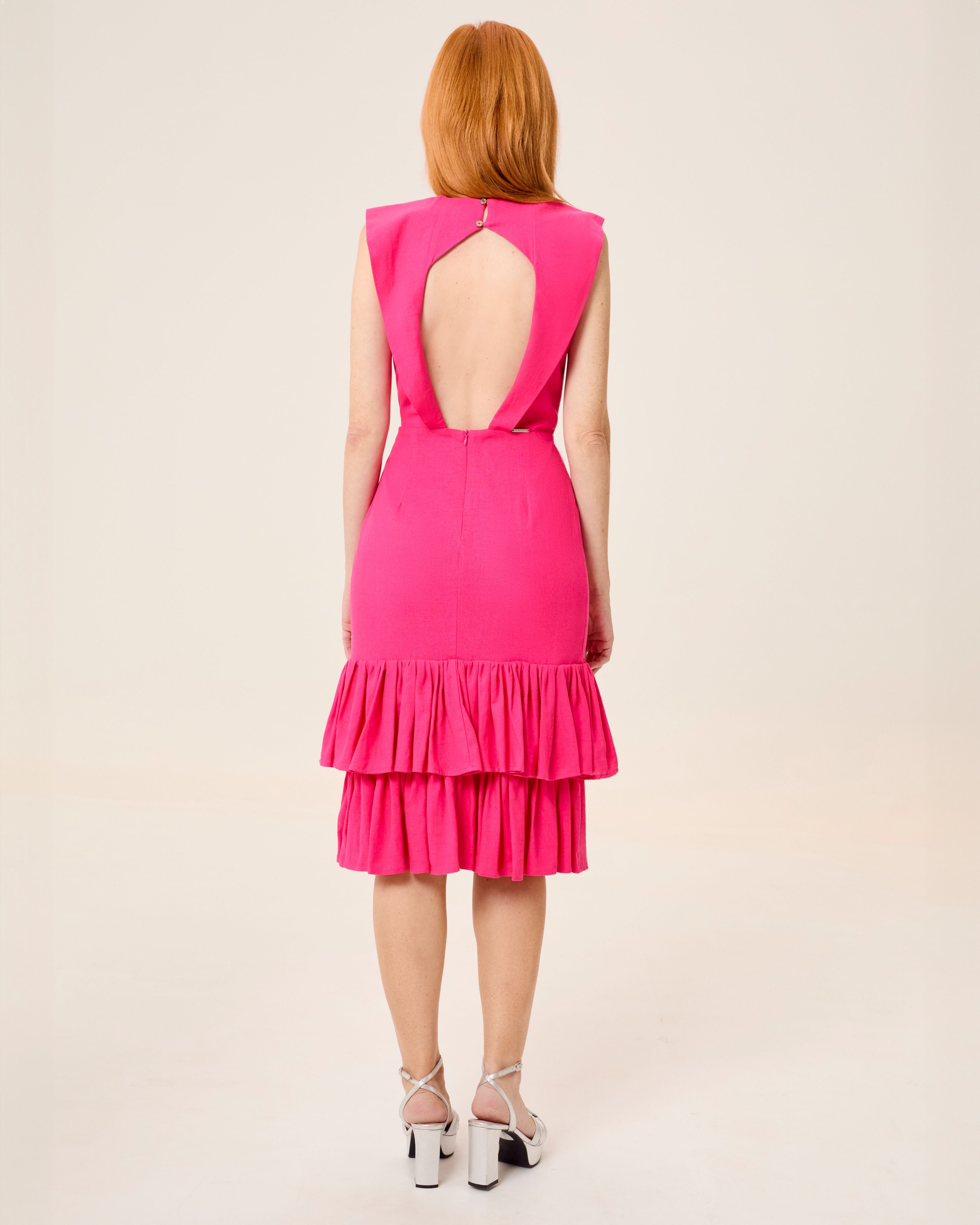 Vestido Midi Mai com Decote Redondo e Folhos Fúcsia-4