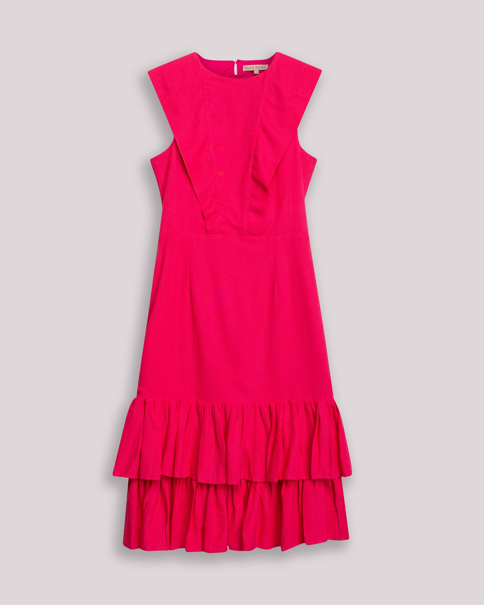 Vestido Midi Mai com Decote Redondo e Folhos Fúcsia-7