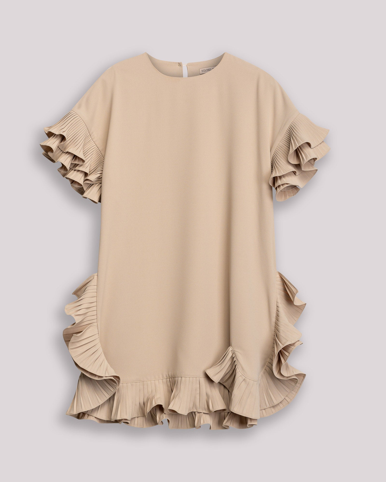 Vestido Curto Esme com Decote Redondo e Folhos Plissados Bege-7