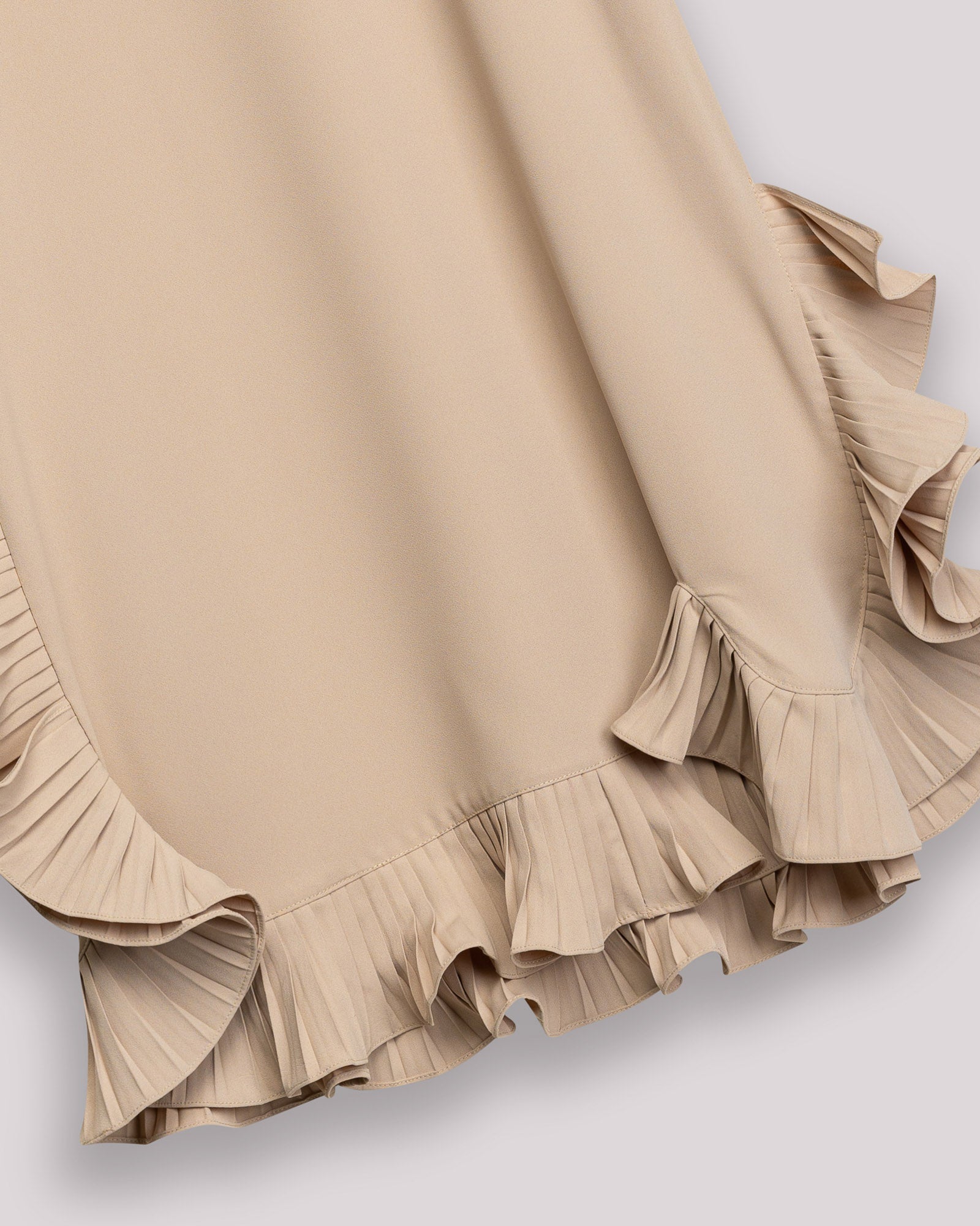 Vestido Curto Esme com Decote Redondo e Folhos Plissados Bege-8