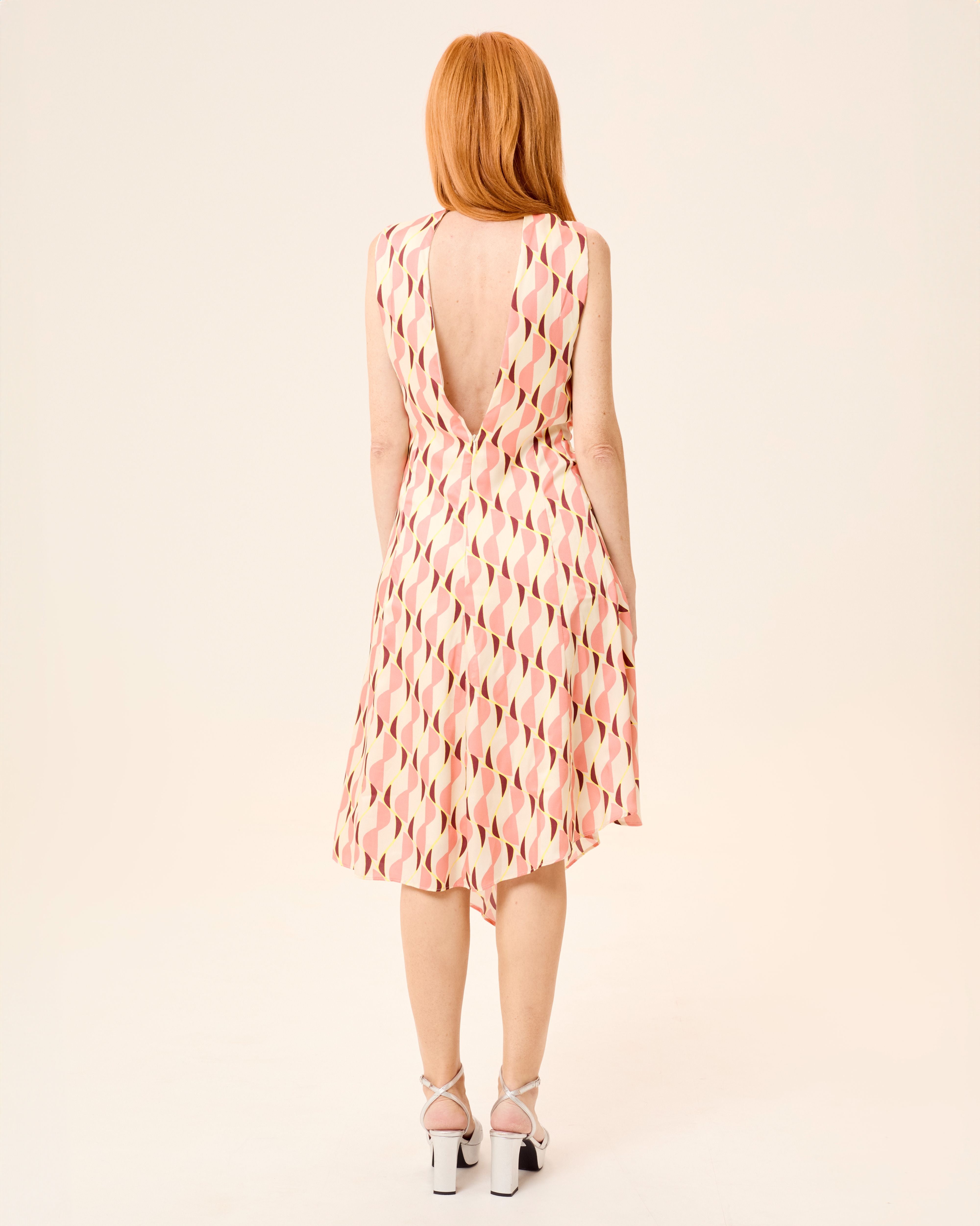 Vestido Midi Ondine Assimétrico com Gola Alta e Laço Rosa-5