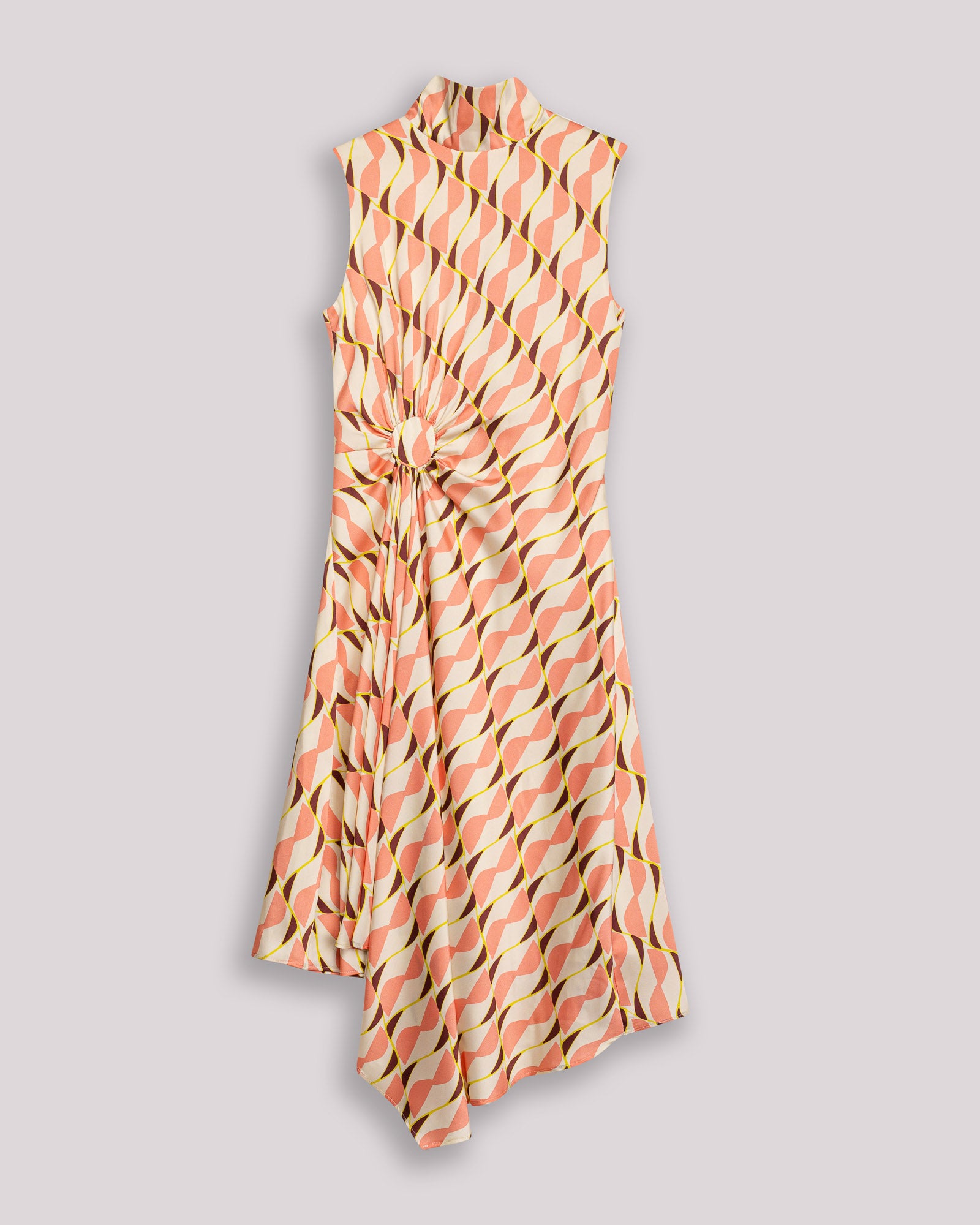 Vestido Midi Ondine Assimétrico com Gola Alta e Laço Rosa-10