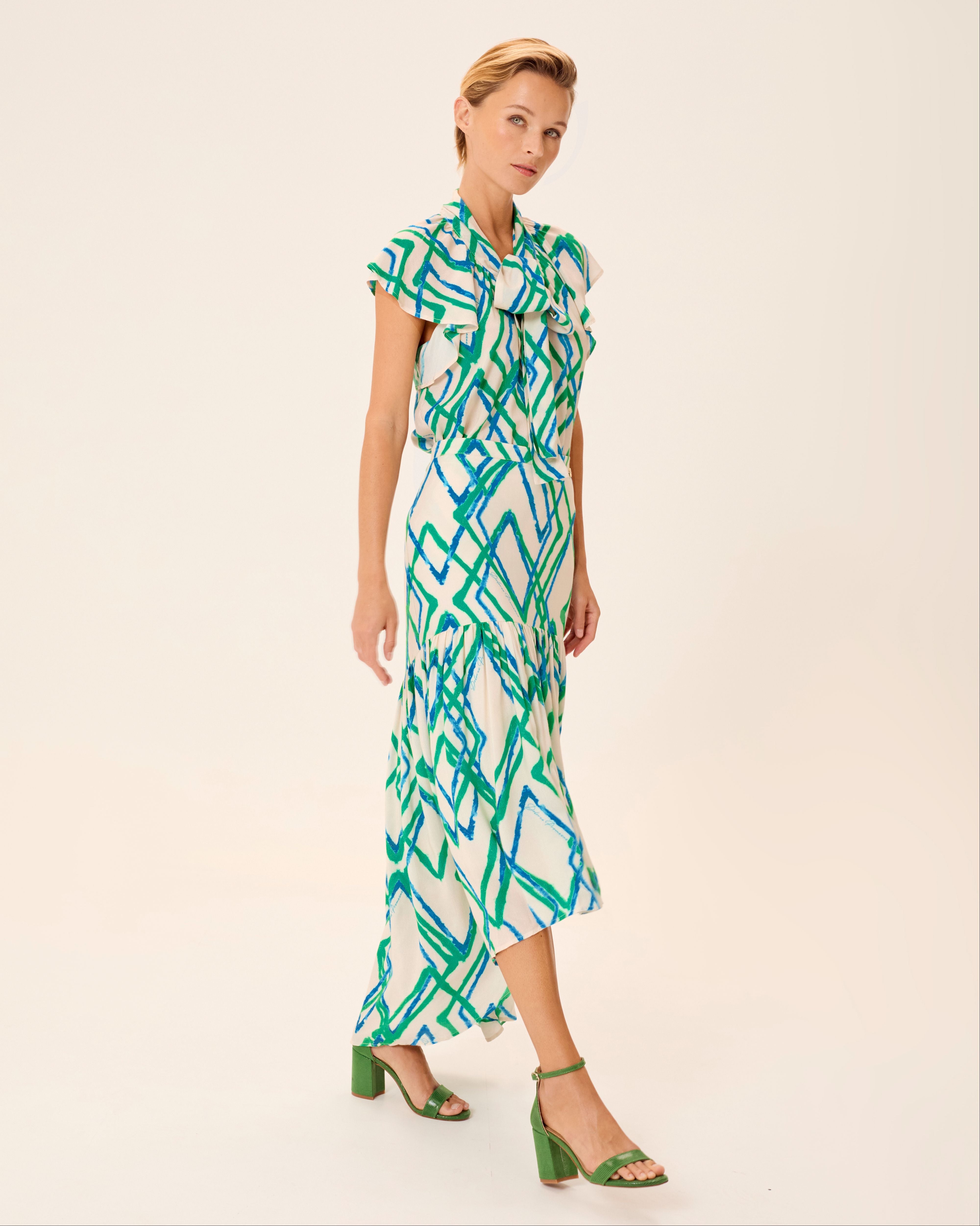 Saia Comprida Lena Estampada com Folhos Multicolor-3