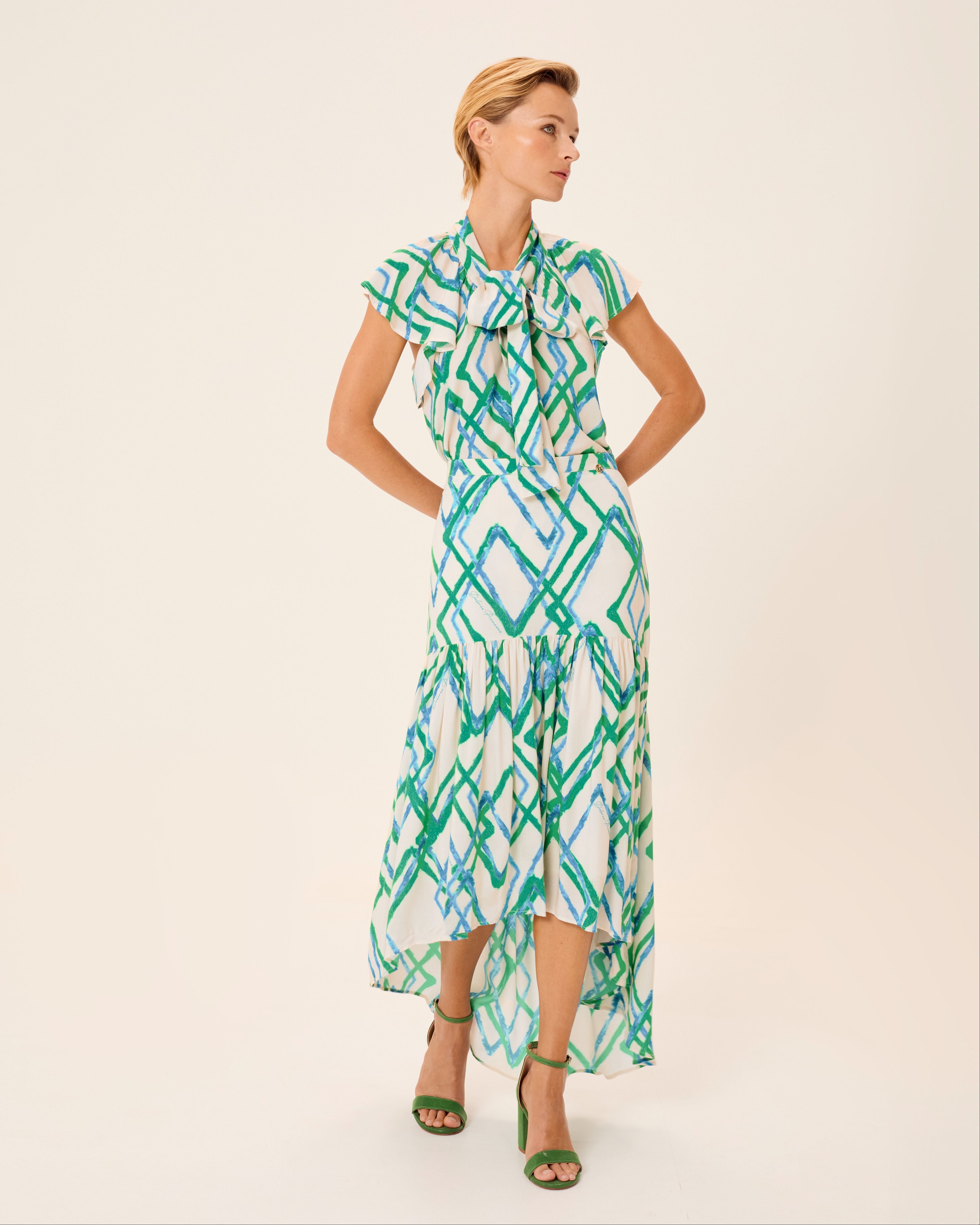 Saia Comprida Lena Estampada com Folhos Multicolor-7