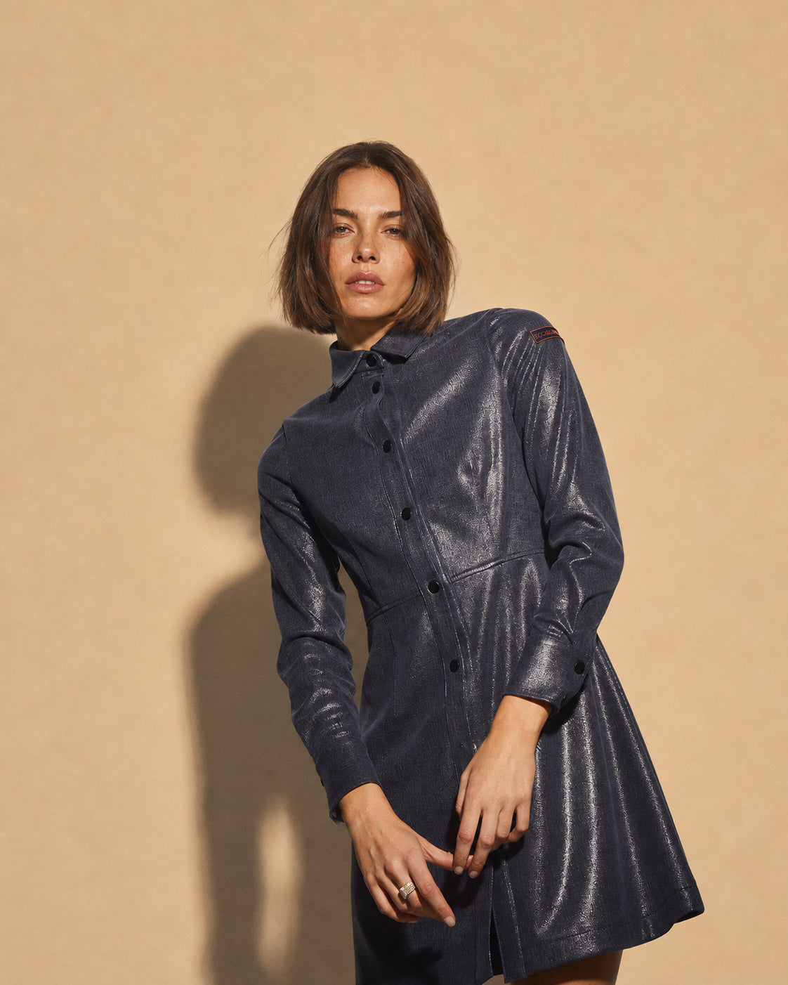 Vestido Curto de Pele Sintética com Manga Comprida Azul-marinho-5