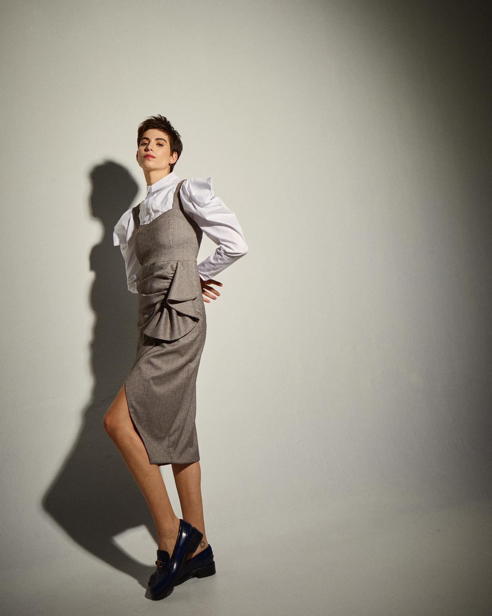Vestido Midi com Drapeado e Folho Cinzento-2