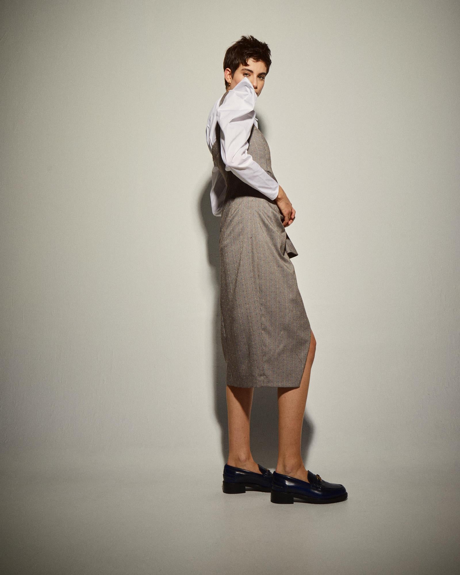 Vestido Midi com Drapeado e Folho Cinzento-3