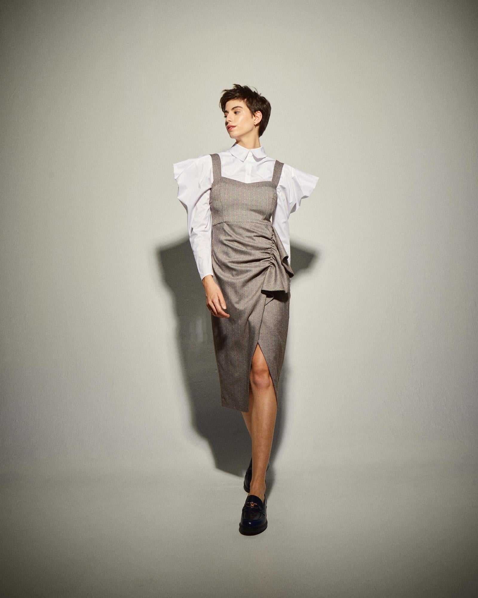 Vestido Midi com Drapeado e Folho Cinzento-4