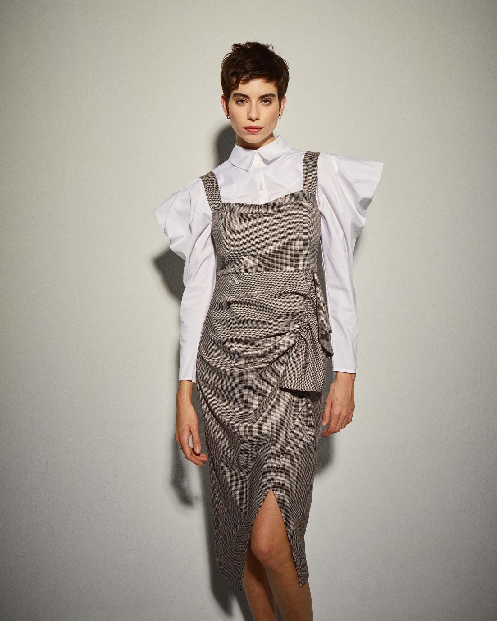 Vestido Midi com Drapeado e Folho Cinzento-5