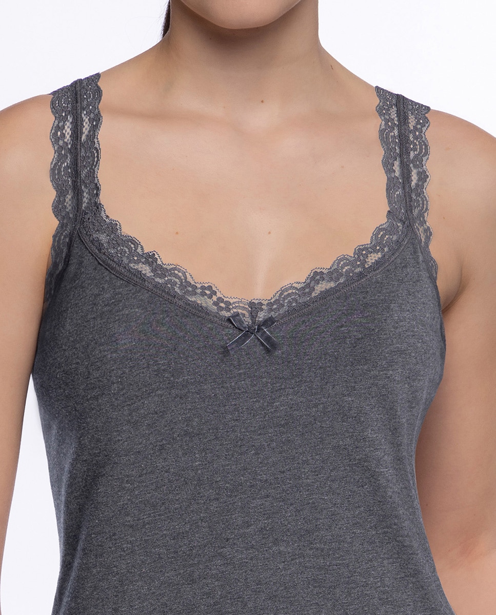 T-shirt de Alças com Renda Cinzento-3