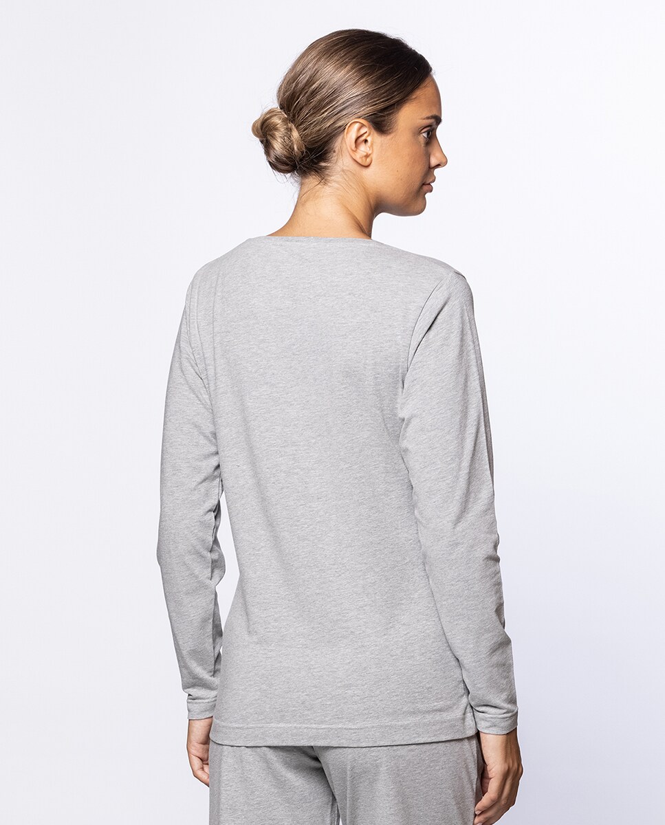 T-shirt Homewear de Algodão Elástico de Manga Comprida Cinzento-2