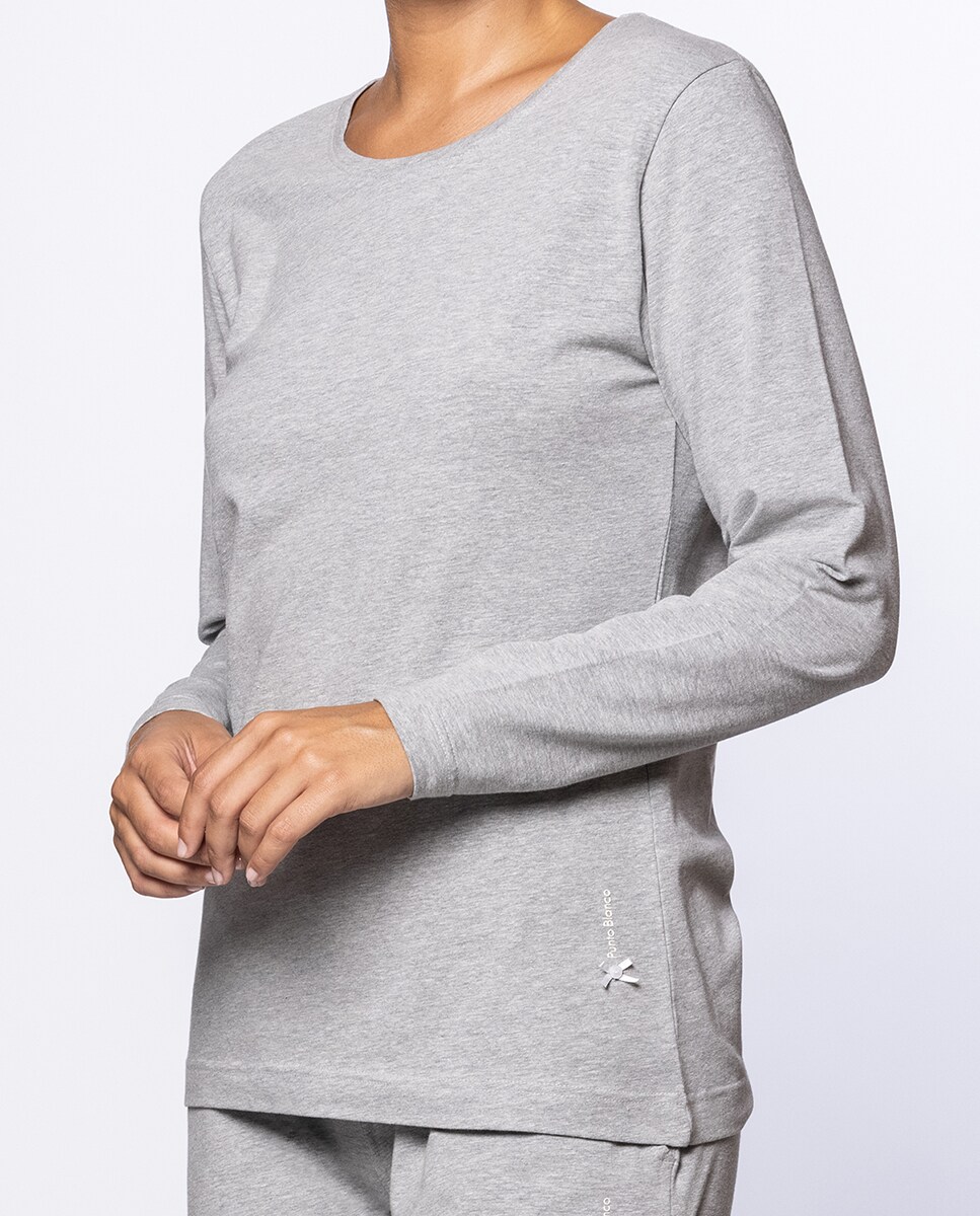 T-shirt Homewear de Algodão Elástico de Manga Comprida Cinzento-3