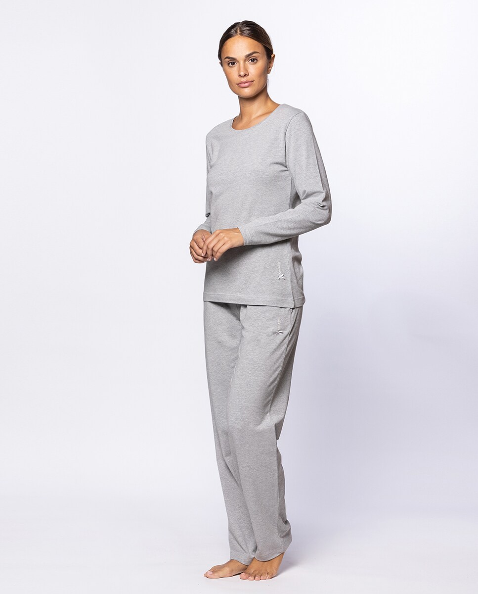T-shirt Homewear de Algodão Elástico de Manga Comprida Cinzento-4