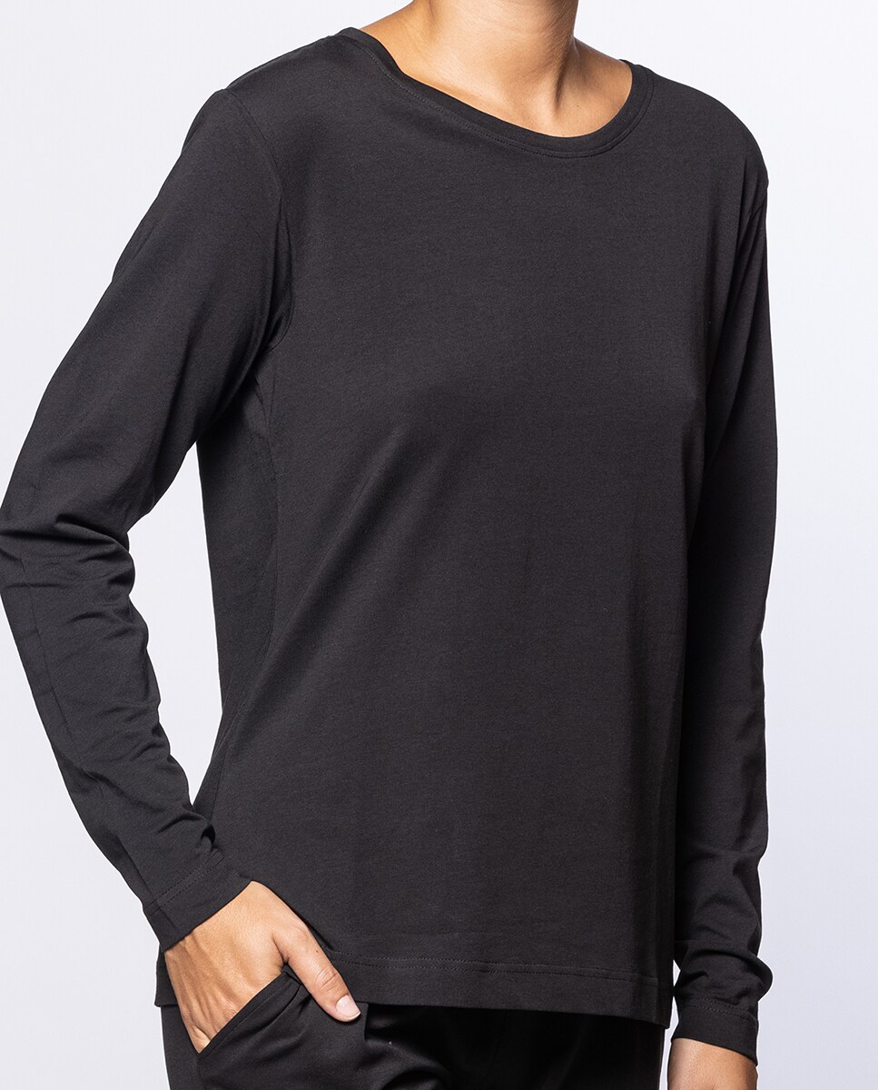 T-shirt Homewear de Algodão Elástico de Manga Comprida Preto-3