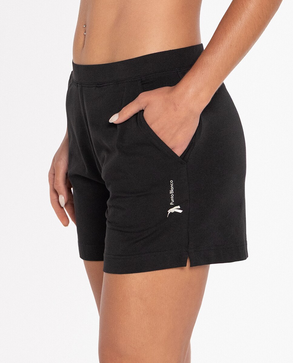 Calças de Pijama em Algodão Elástico Curto Preto-2