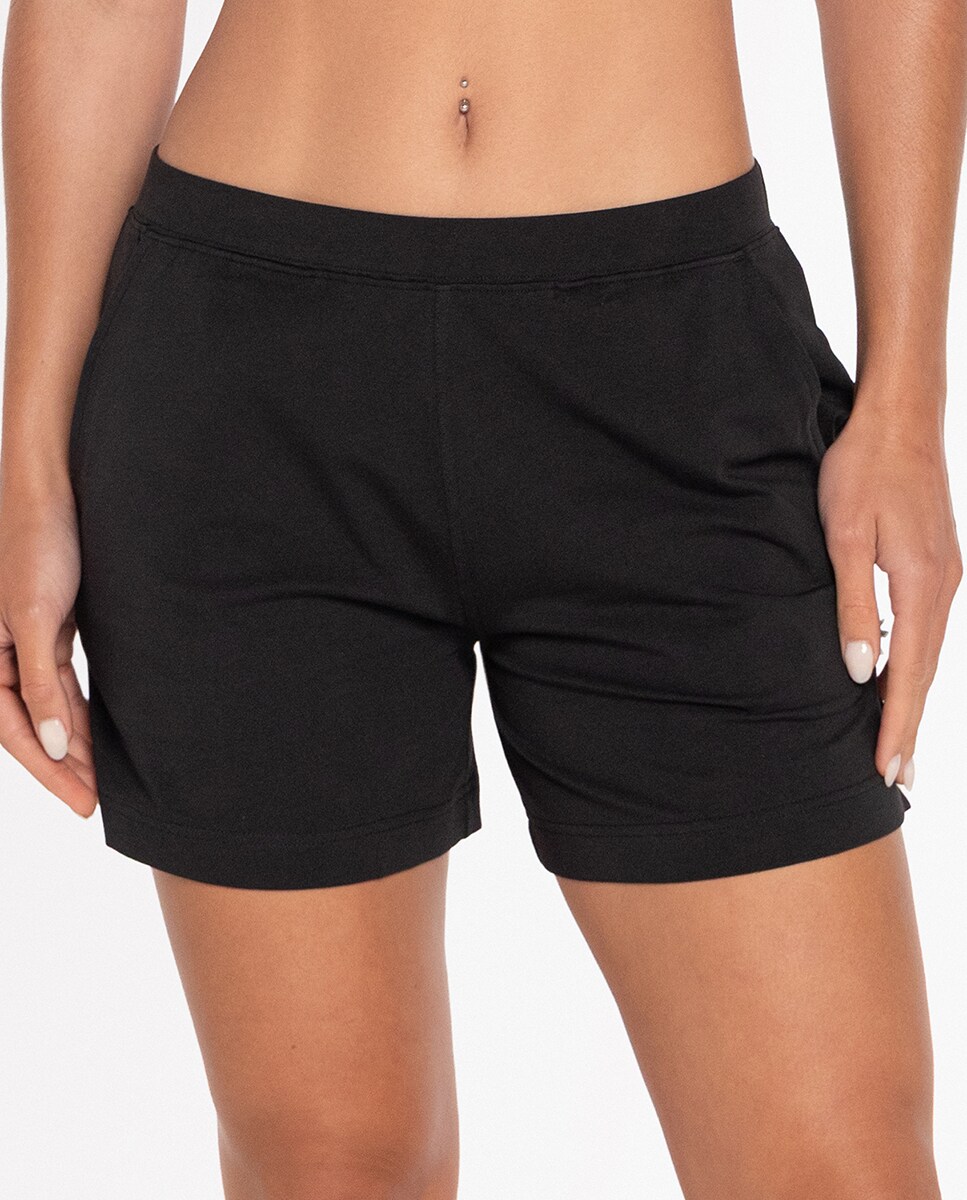 Calças de Pijama em Algodão Elástico Curto Preto-4