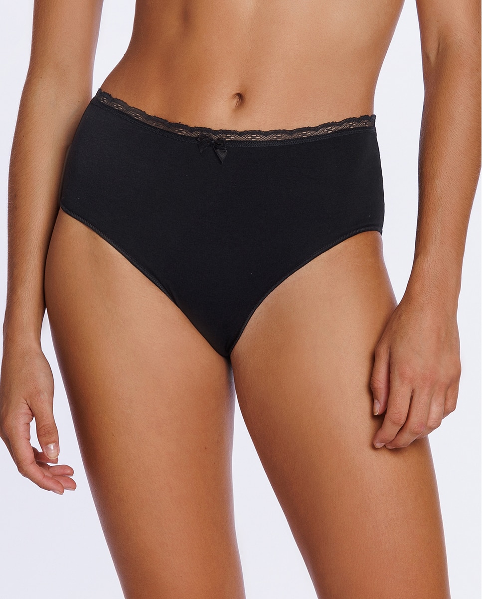 Cueca Alta de Algodão Elástico Liso com Renda Preto-1