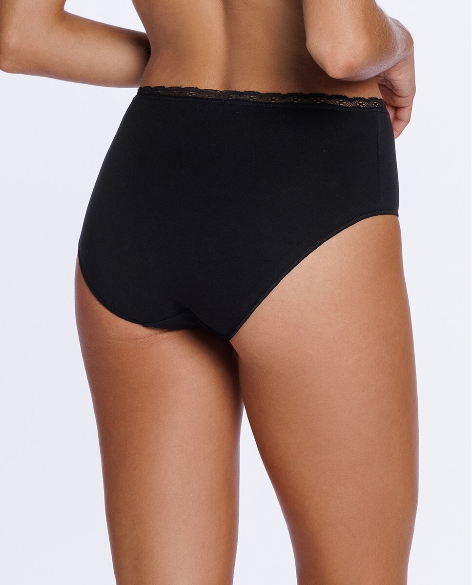 Cueca Alta de Algodão Elástico Liso com Renda Preto-2
