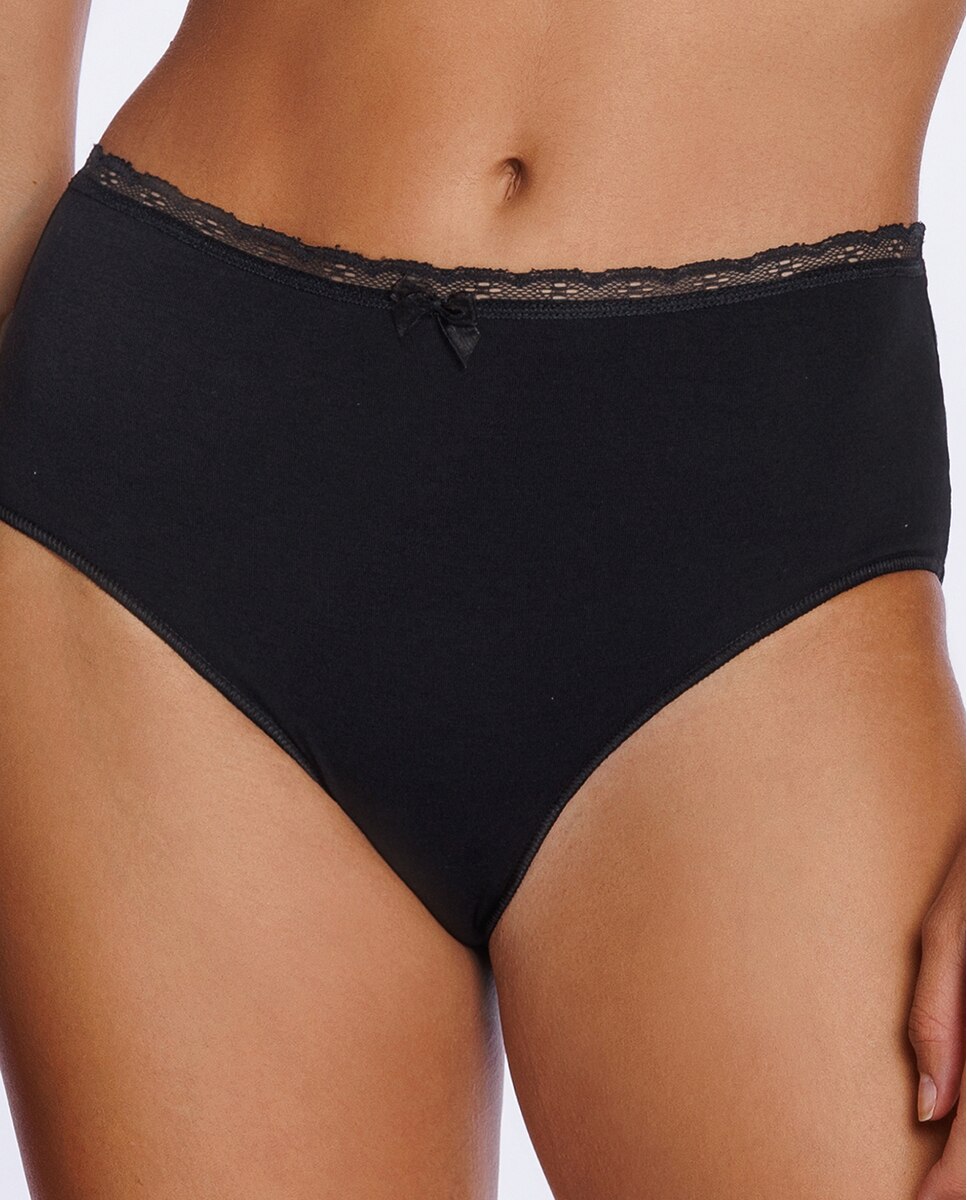 Cueca Alta de Algodão Elástico Liso com Renda Preto-3