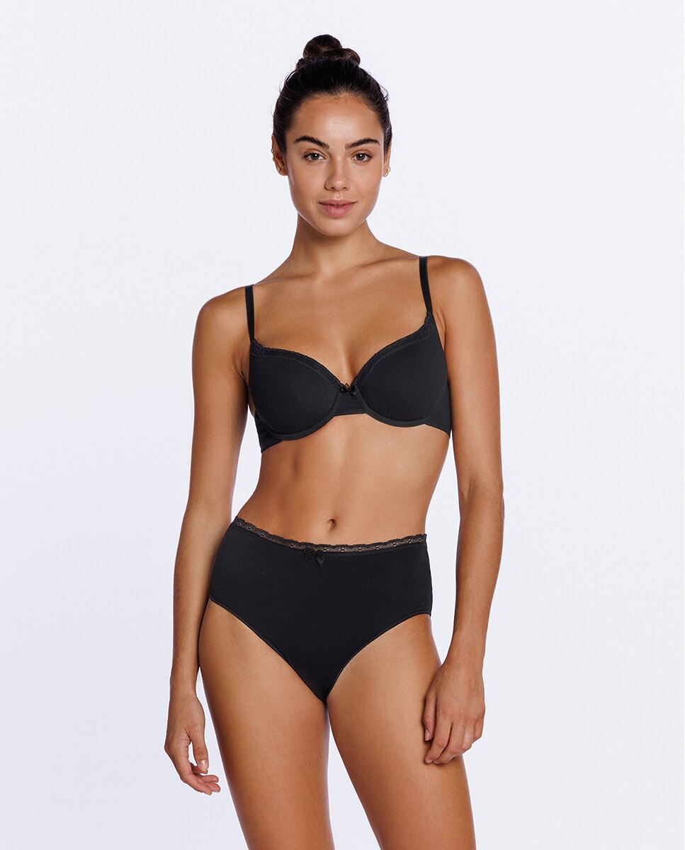 Cueca Alta de Algodão Elástico Liso com Renda Preto-4